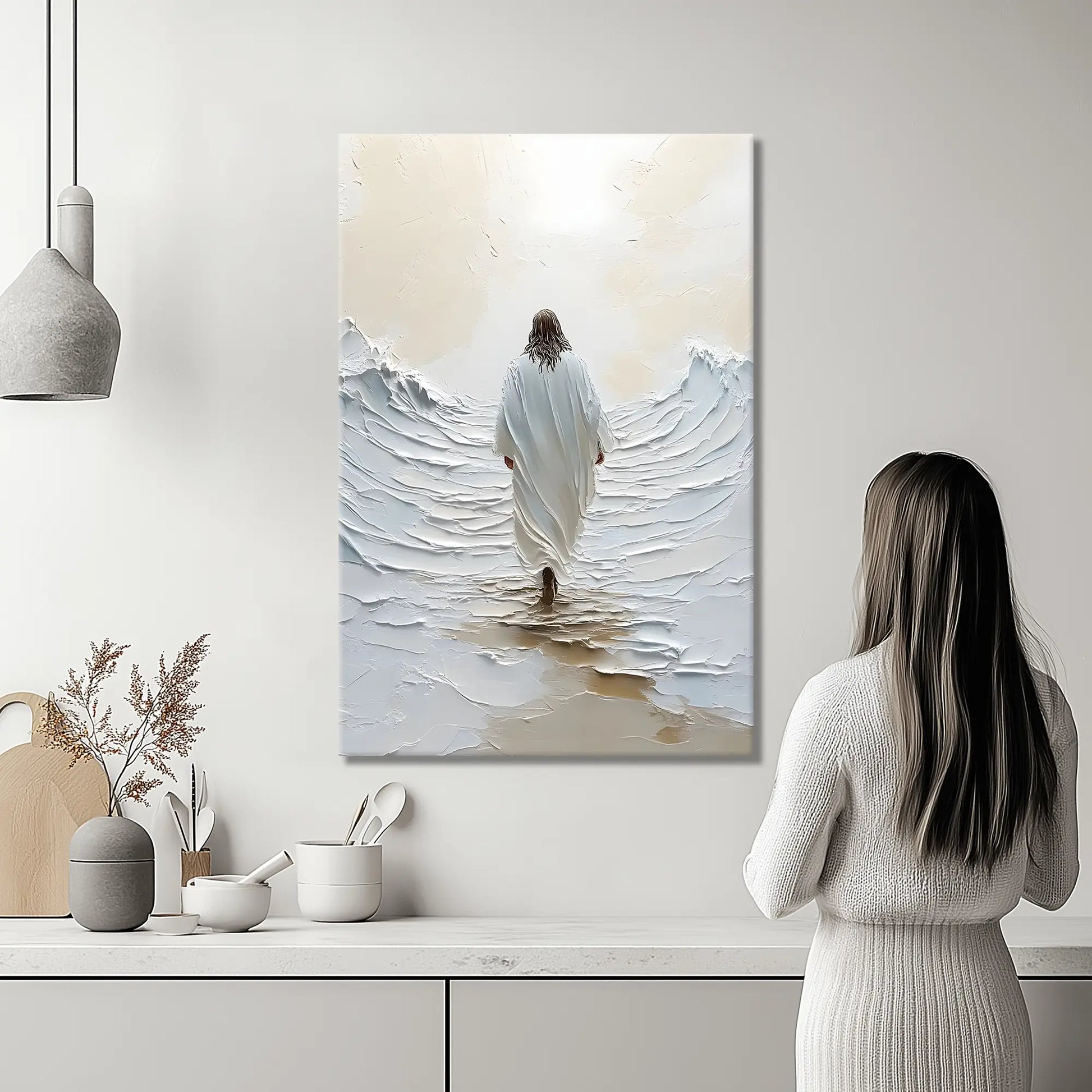 biblical art print of jesus walking on water canvas wall art displayed in a kitchen, with a woman looking up, enhancing the space with inspiration and Christian kitchen decor.