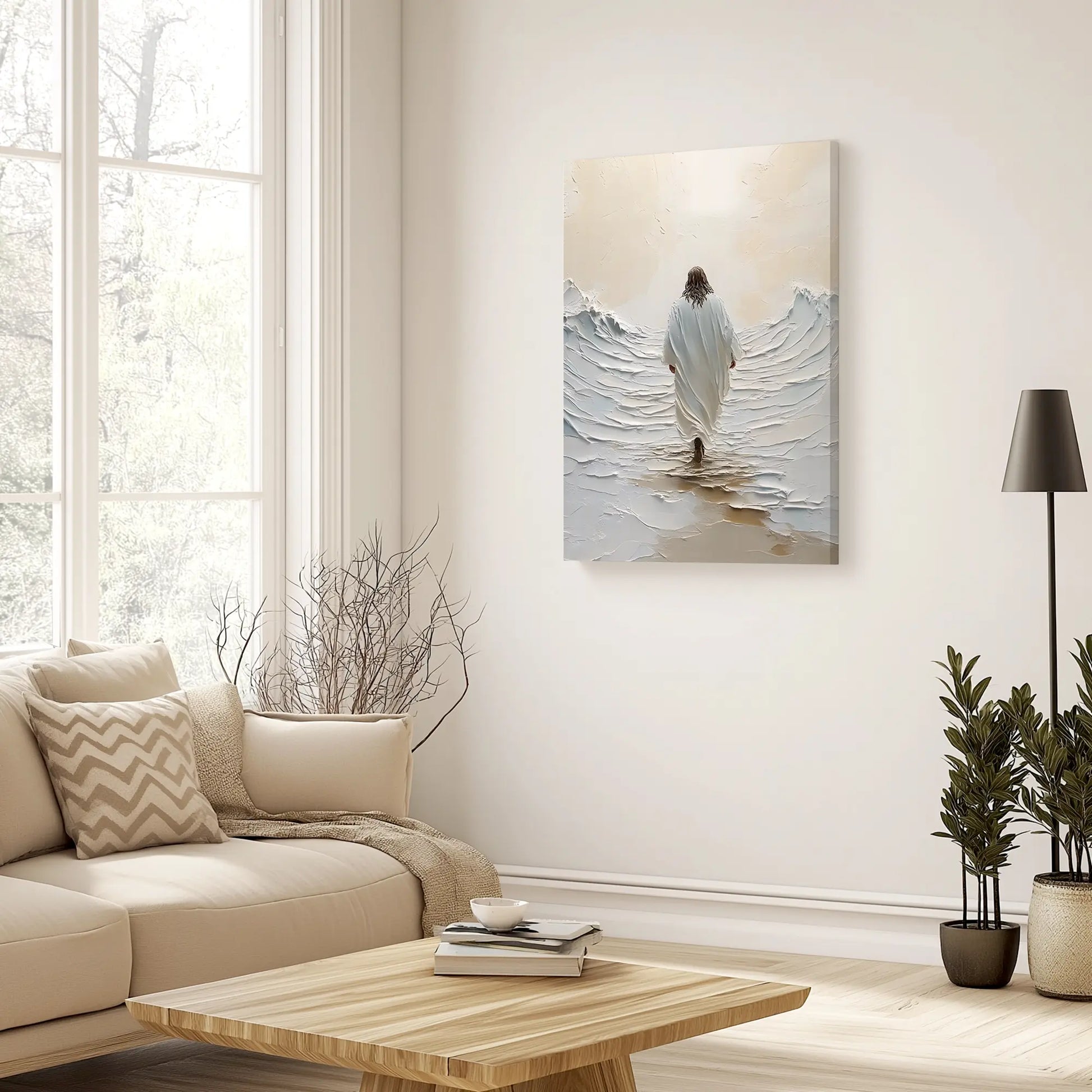 modern christan painting of Jesus walking on water wall art hanging in a cozy living room, inspiring warmth and faith in the space with elegant decor.