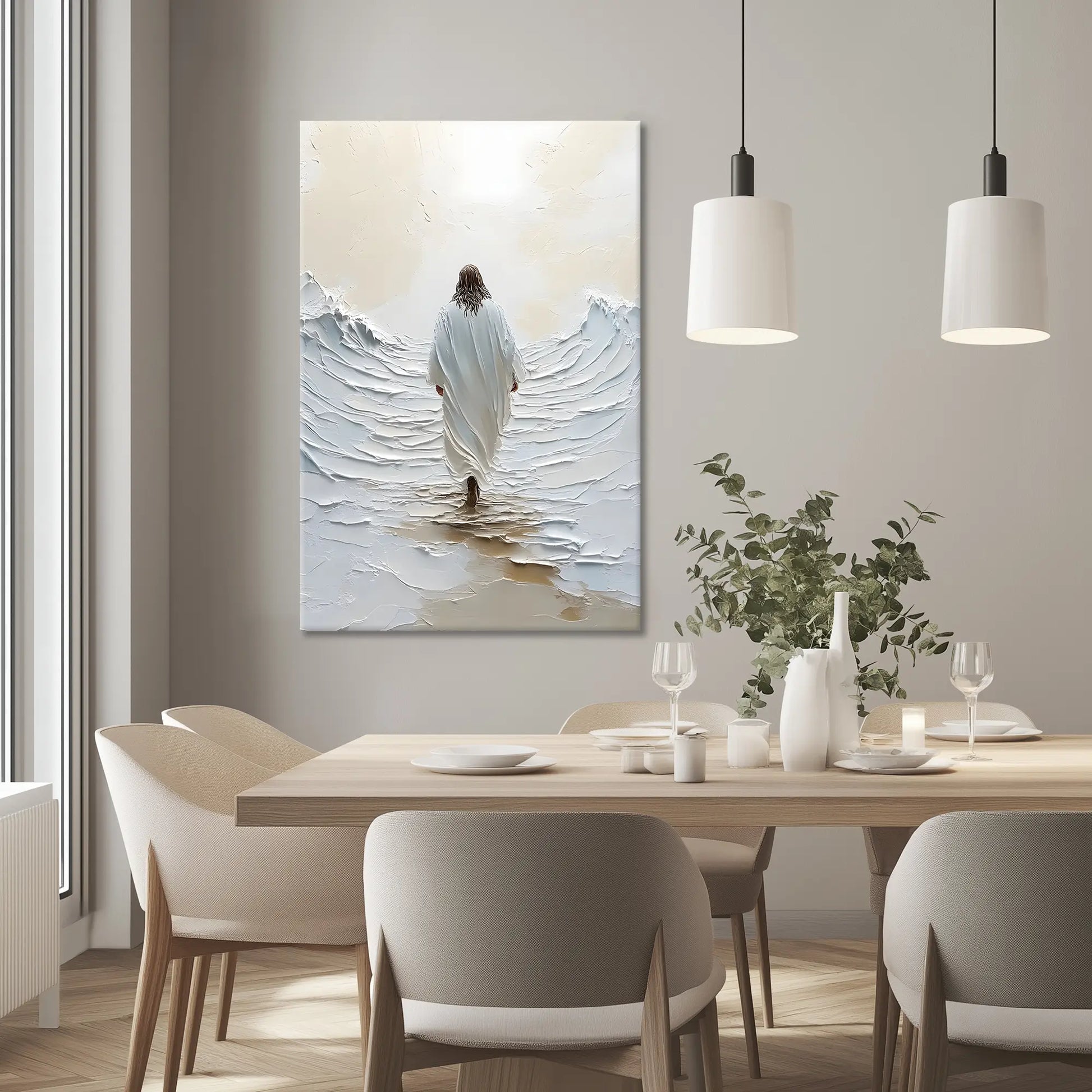 contemporary christian wall art of Jesus christ walking on water canvas in a minimalist modern dining room, complementing the neutral color palette with inspirational decor.