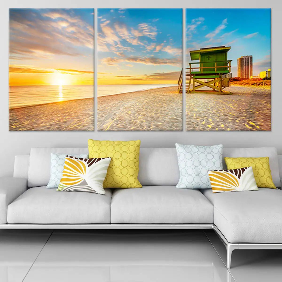 large Beach canvas wall art featuring a lifeguard tower on the shore at dawn.