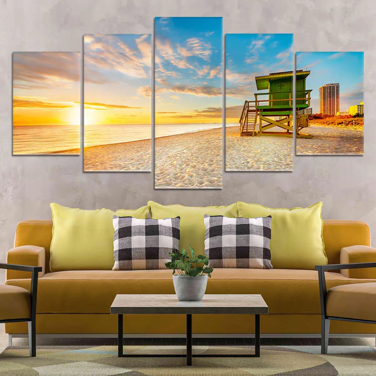 oversized Beach sunrise wall art featuring a lifeguard tower on the shore at dawn. 3 piece wall art