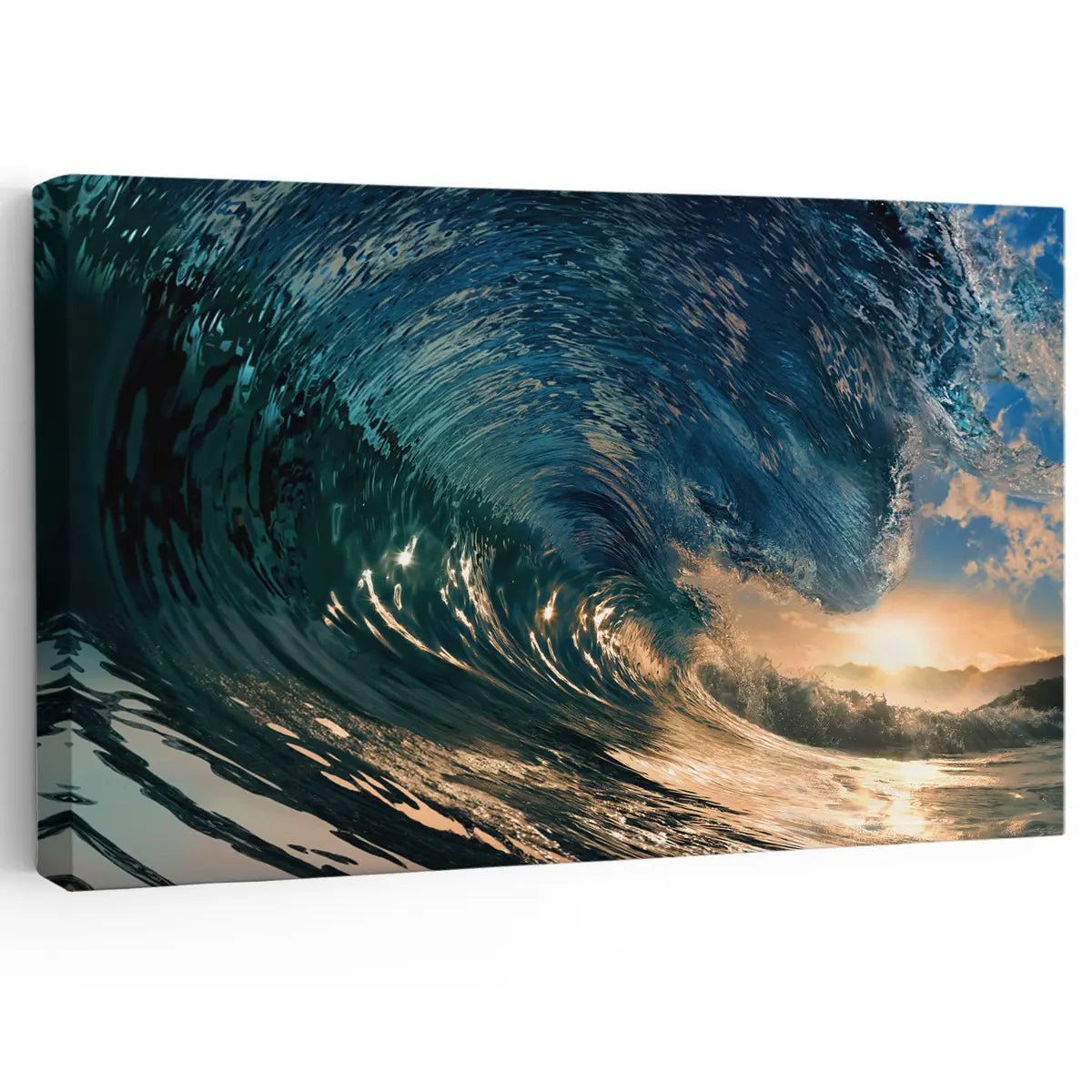Large ocean artwork featuring a powerful curling wave illuminated by the golden sunset.