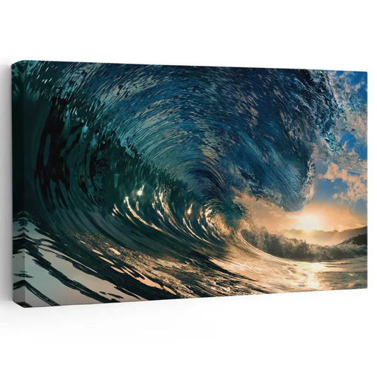 Large ocean artwork featuring a powerful curling wave illuminated by the golden sunset.