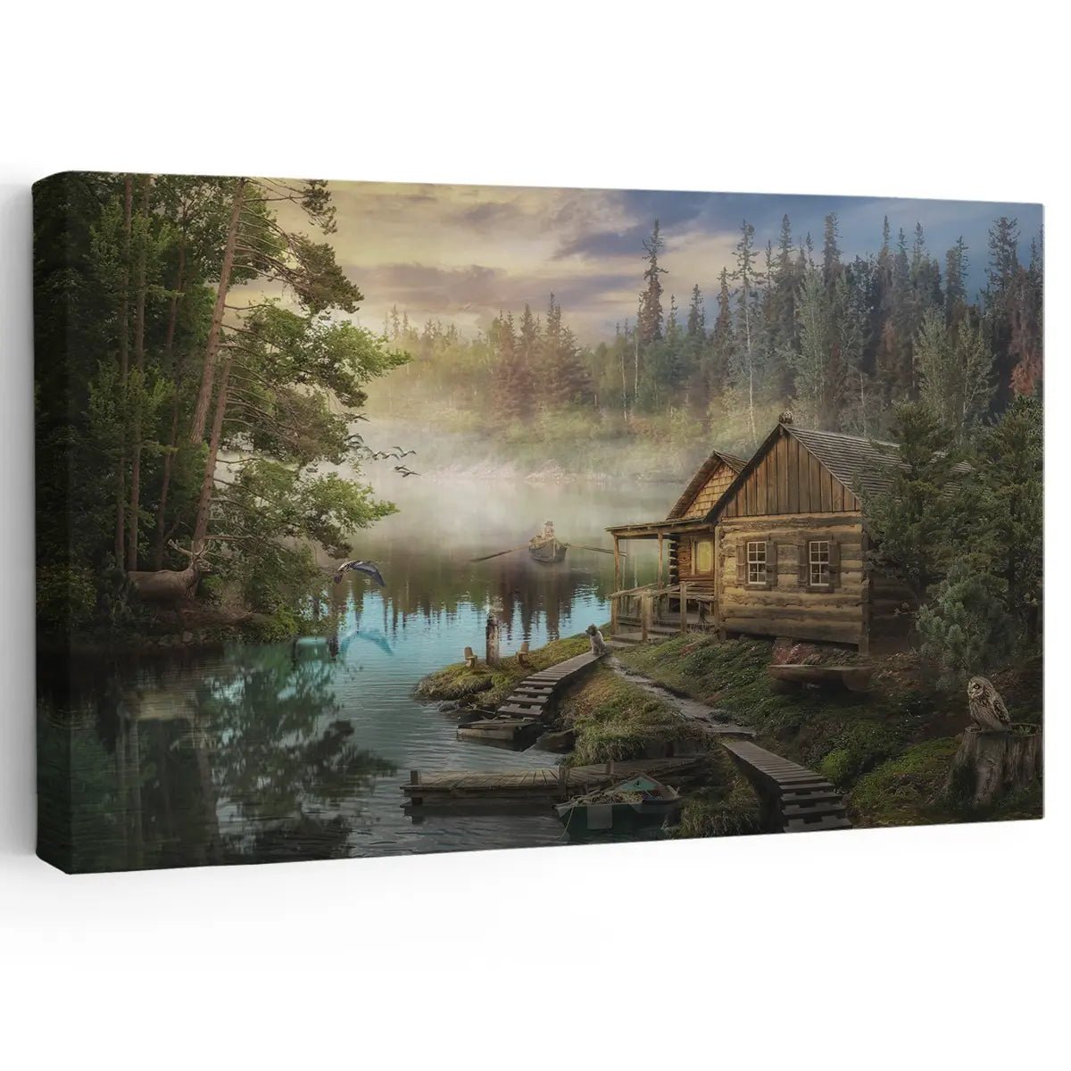 Rustic cabin lake canvas art, perfect for living room decor, offering a peaceful landscape scene.