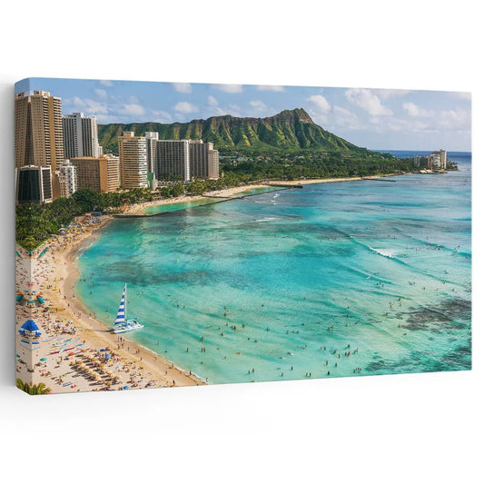 Hawaii wall art featuring a breathtaking aerial view of Waikiki Beach and Diamond Head.