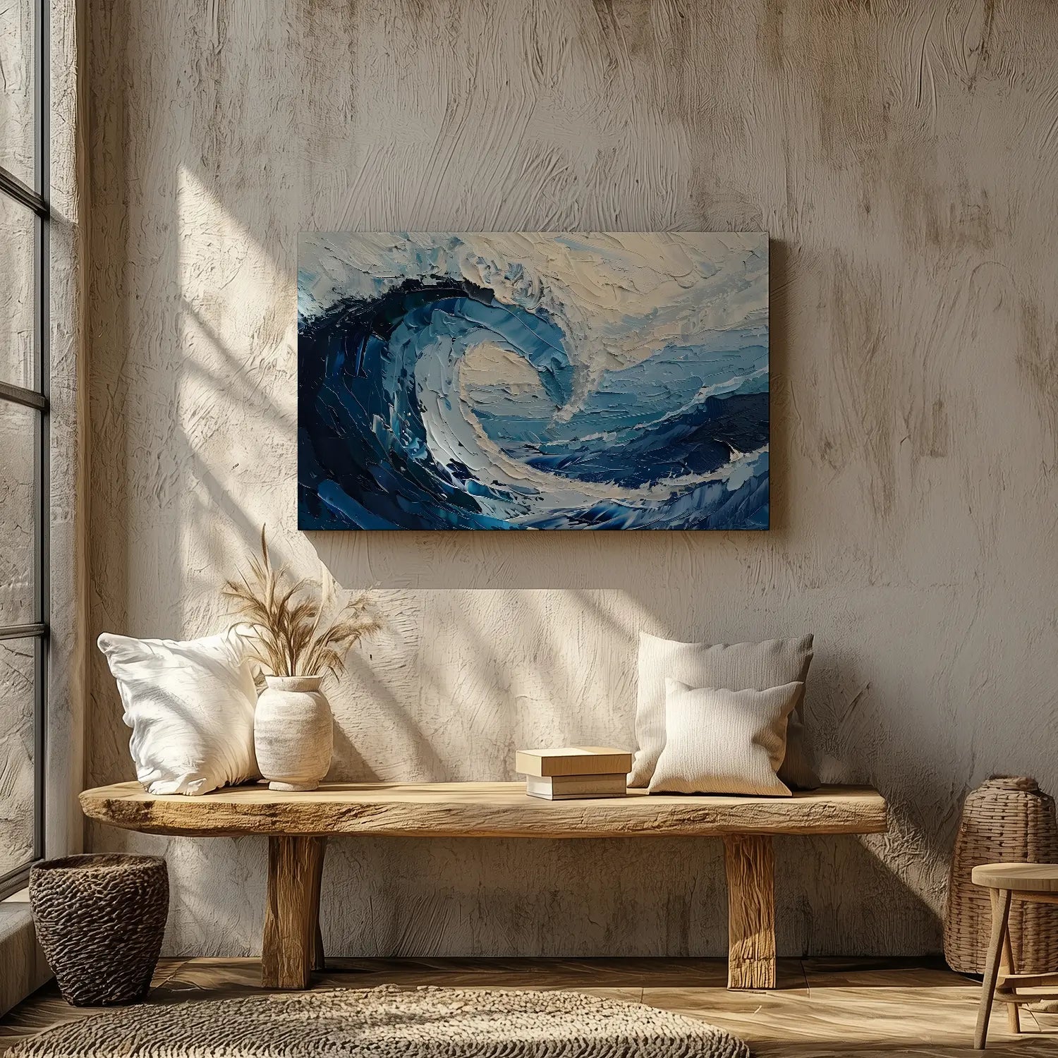Textured blue ocean wave art print for contemporary coastal decor.