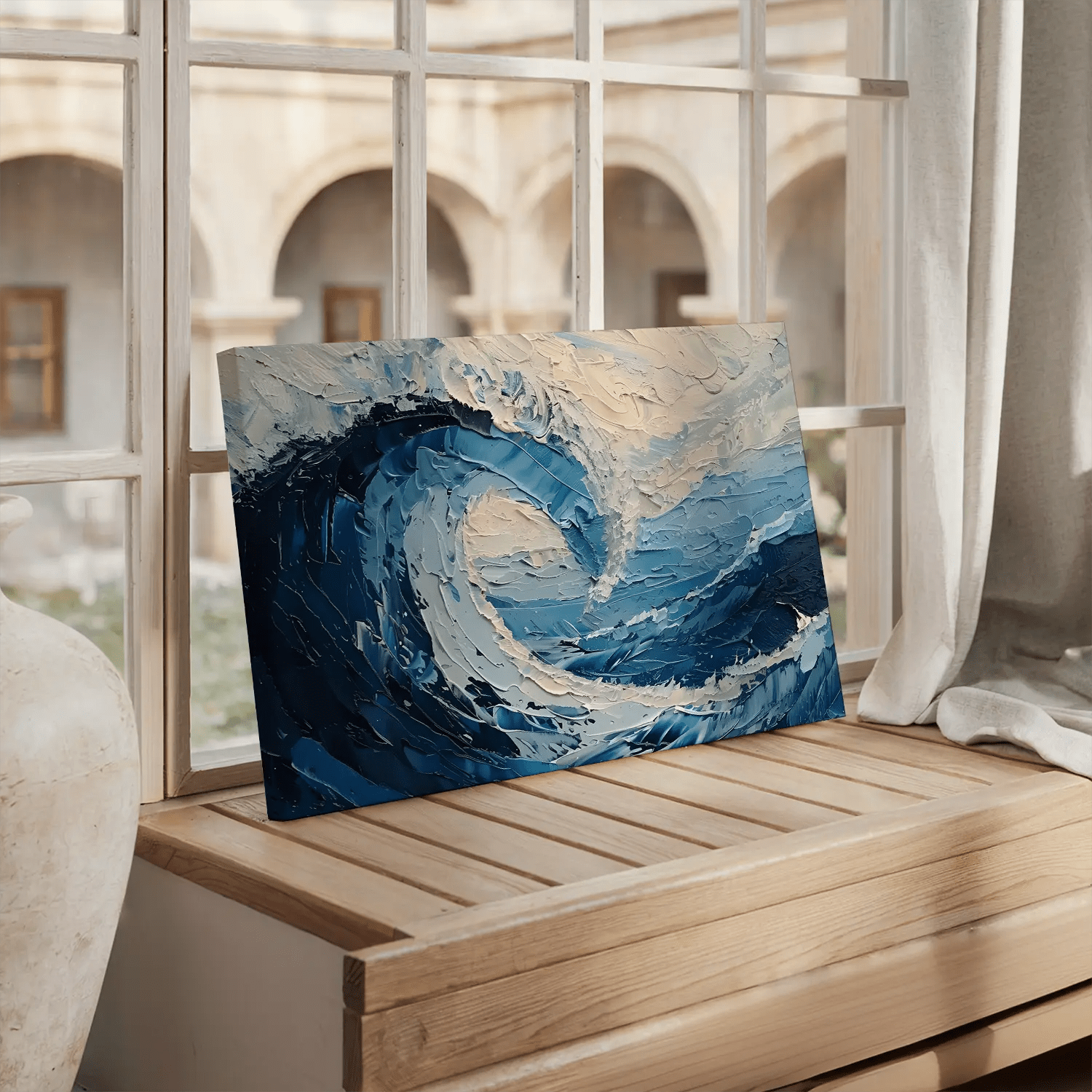 Nautical and beach-themed abstract wave painting for wall decor.