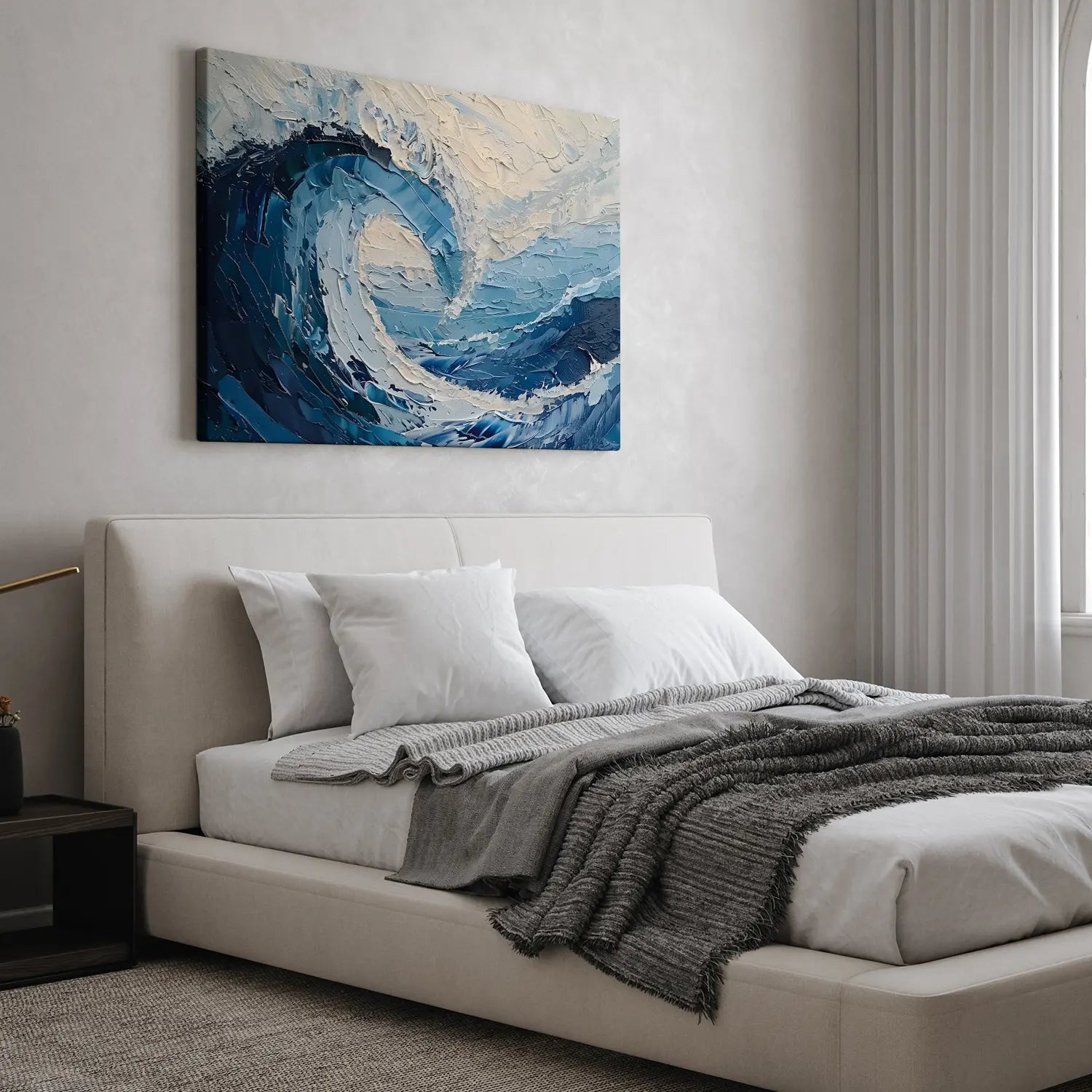 Modern abstract coastal artwork with an expressive blue ocean wave.