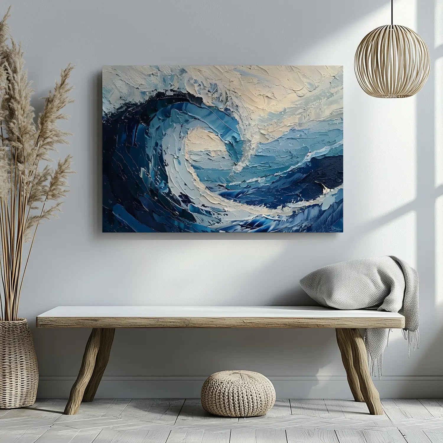 Abstract ocean wave canvas art with textured blue and white brushstrokes.