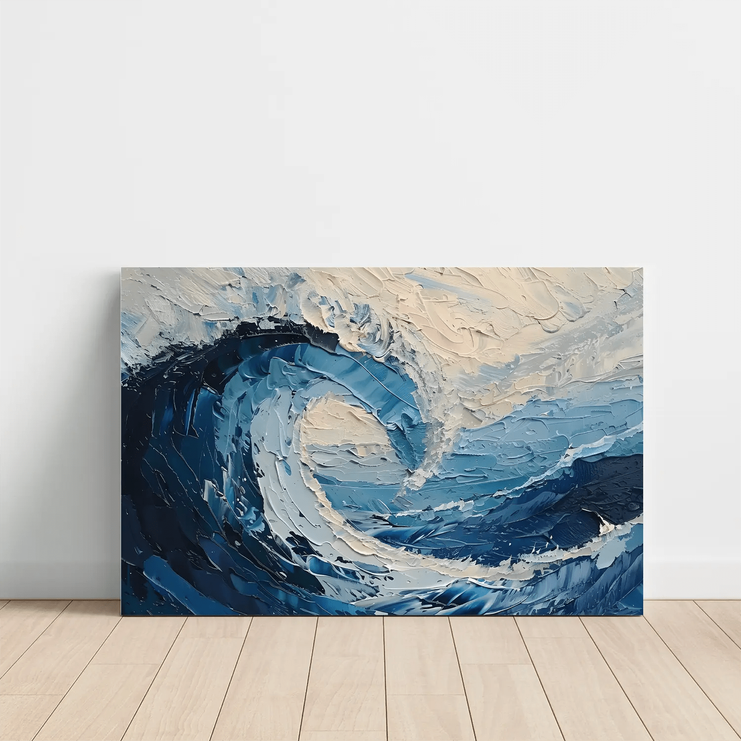 Coastal-inspired abstract ocean artwork featuring deep blue waves.