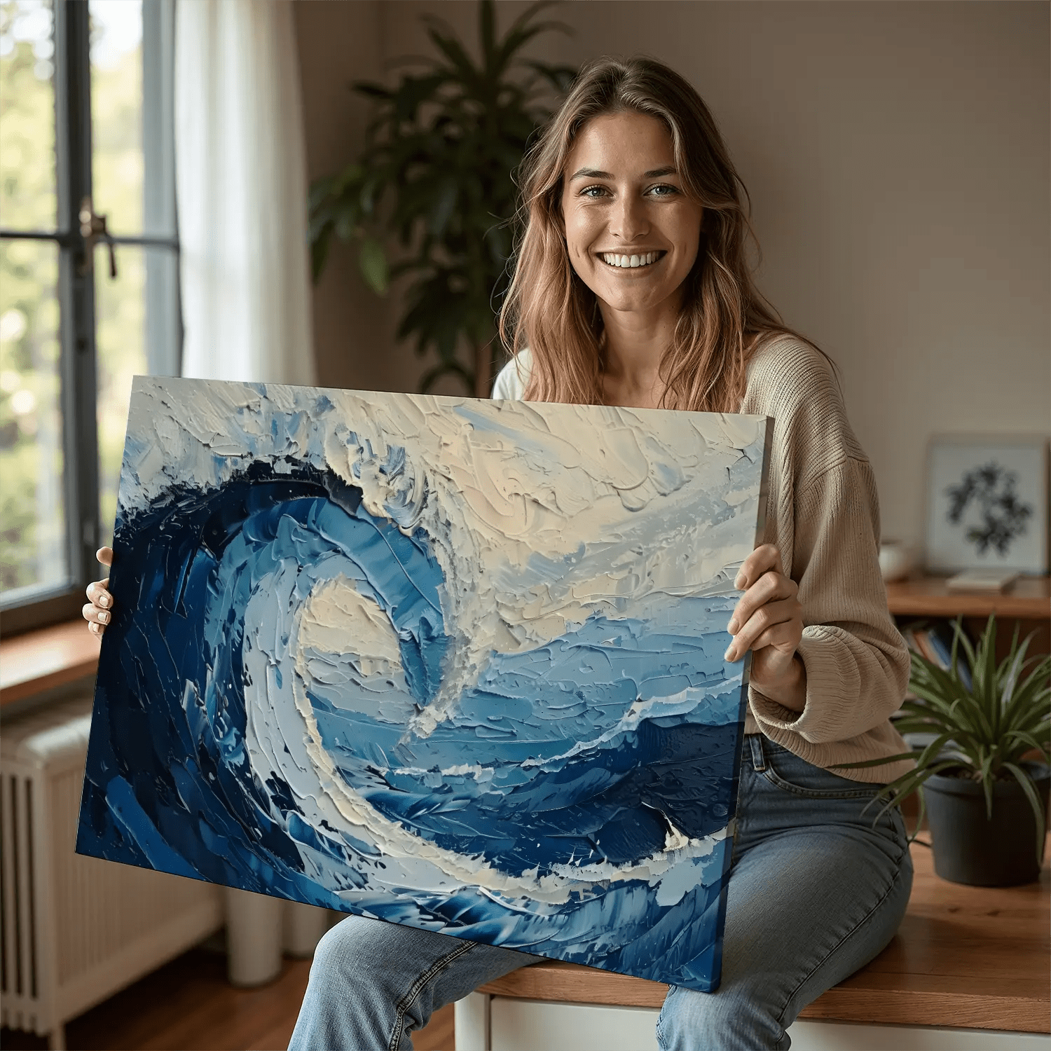 Ocean wave abstract painting on canvas with modern brush textures.