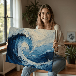 Ocean wave abstract painting on canvas with modern brush textures.