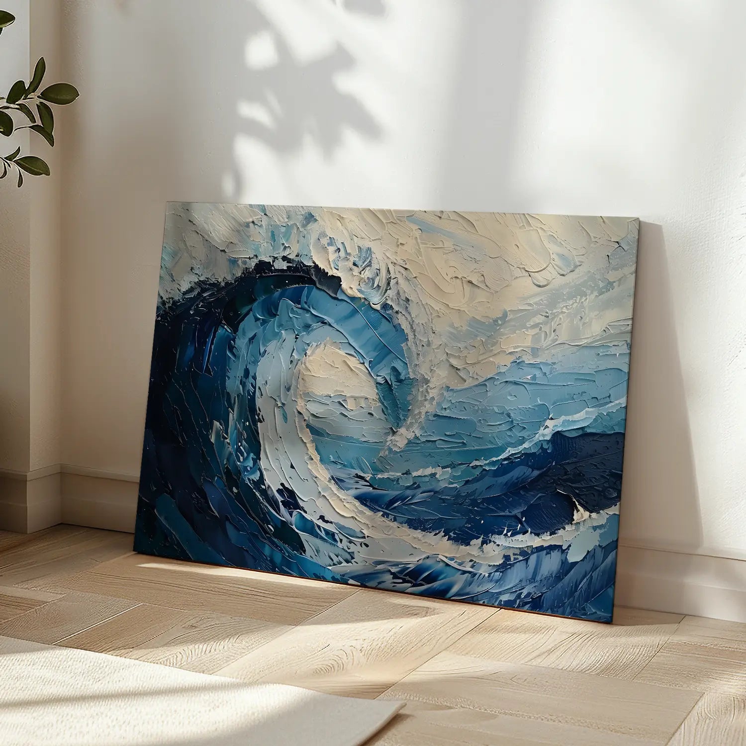 Large framed ocean wave artwork with deep navy and beige tones.