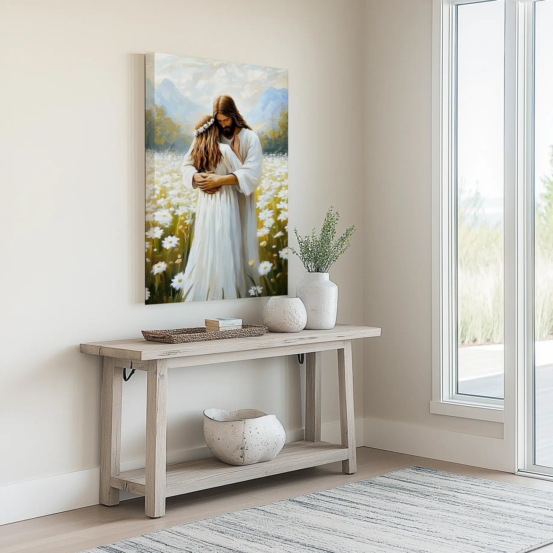 Jesus hugging woman framed canvas print, faith-inspired Christian home decor, religious art.