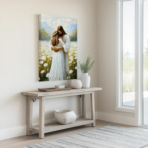 Jesus hugging woman framed canvas print, faith-inspired Christian home decor, religious art.