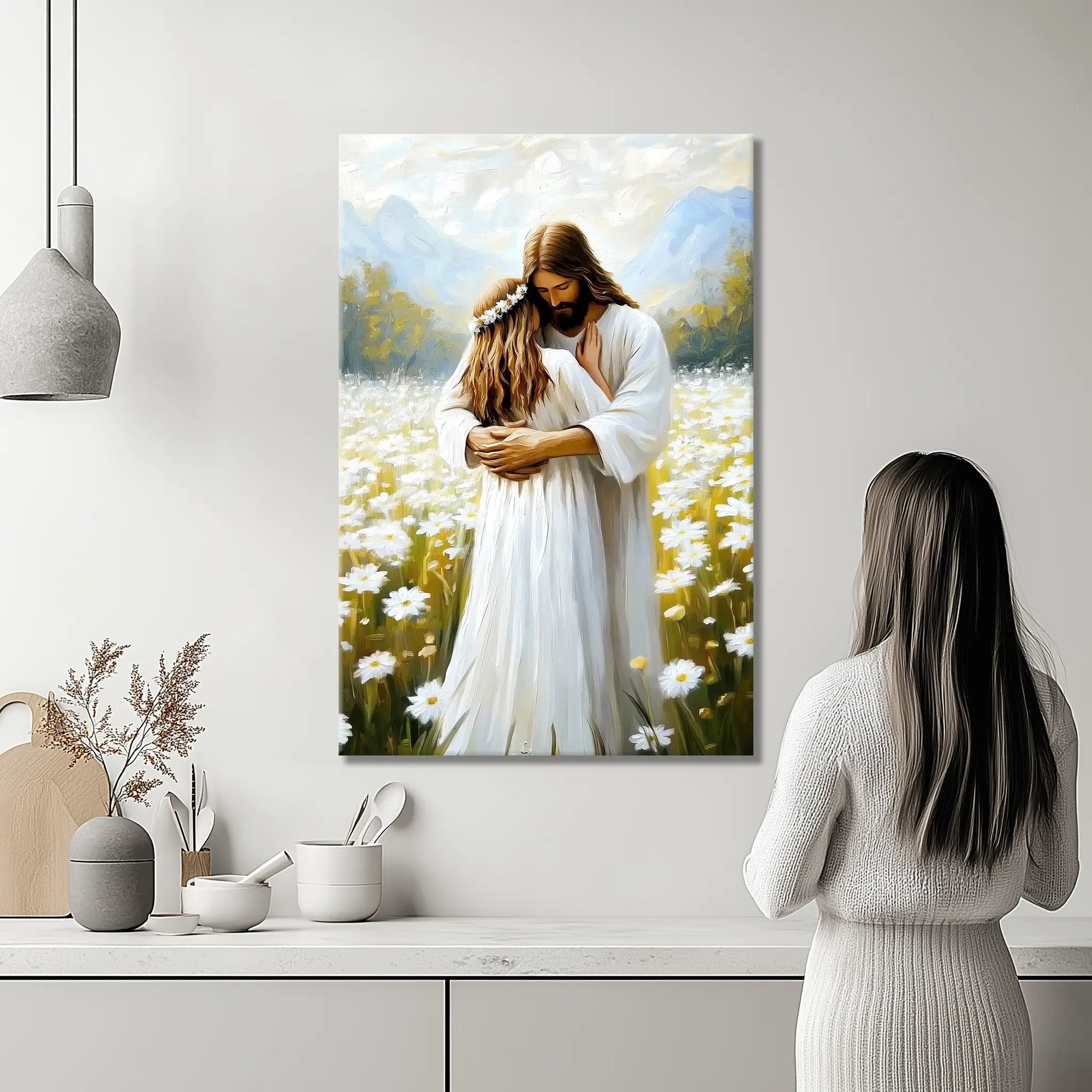 Religious framed artwork of Jesus hugging woman, Christian faith wall decor, canvas print.