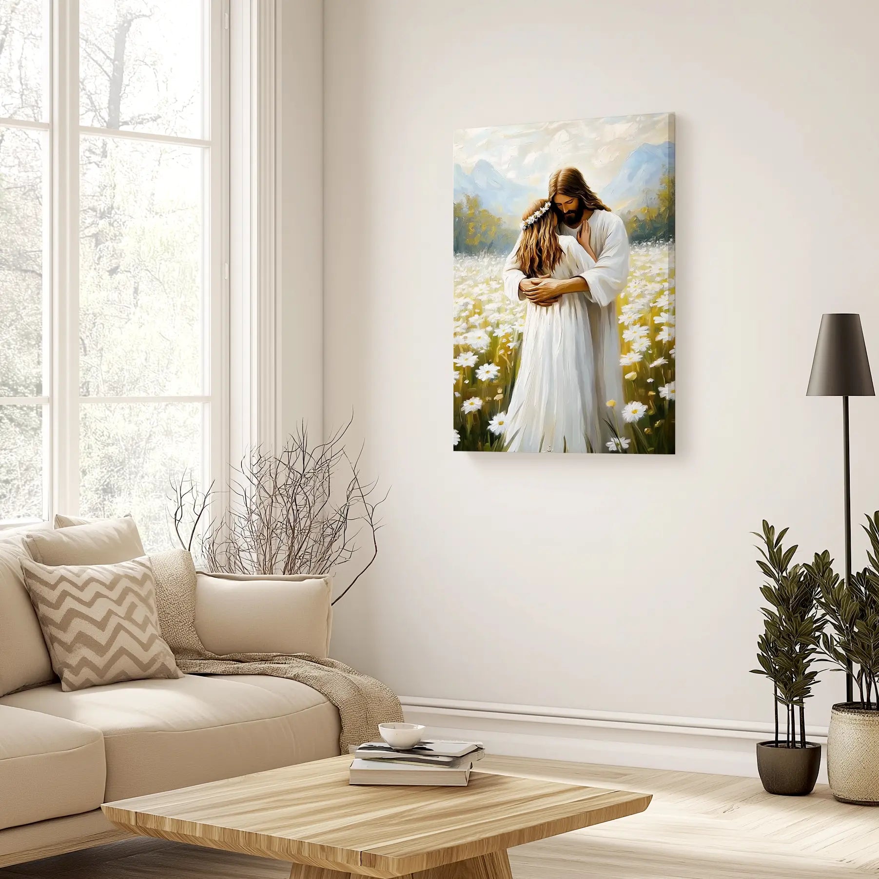 Jesus embracing woman framed Christian painting, spiritual canvas print, faith wall decor.
