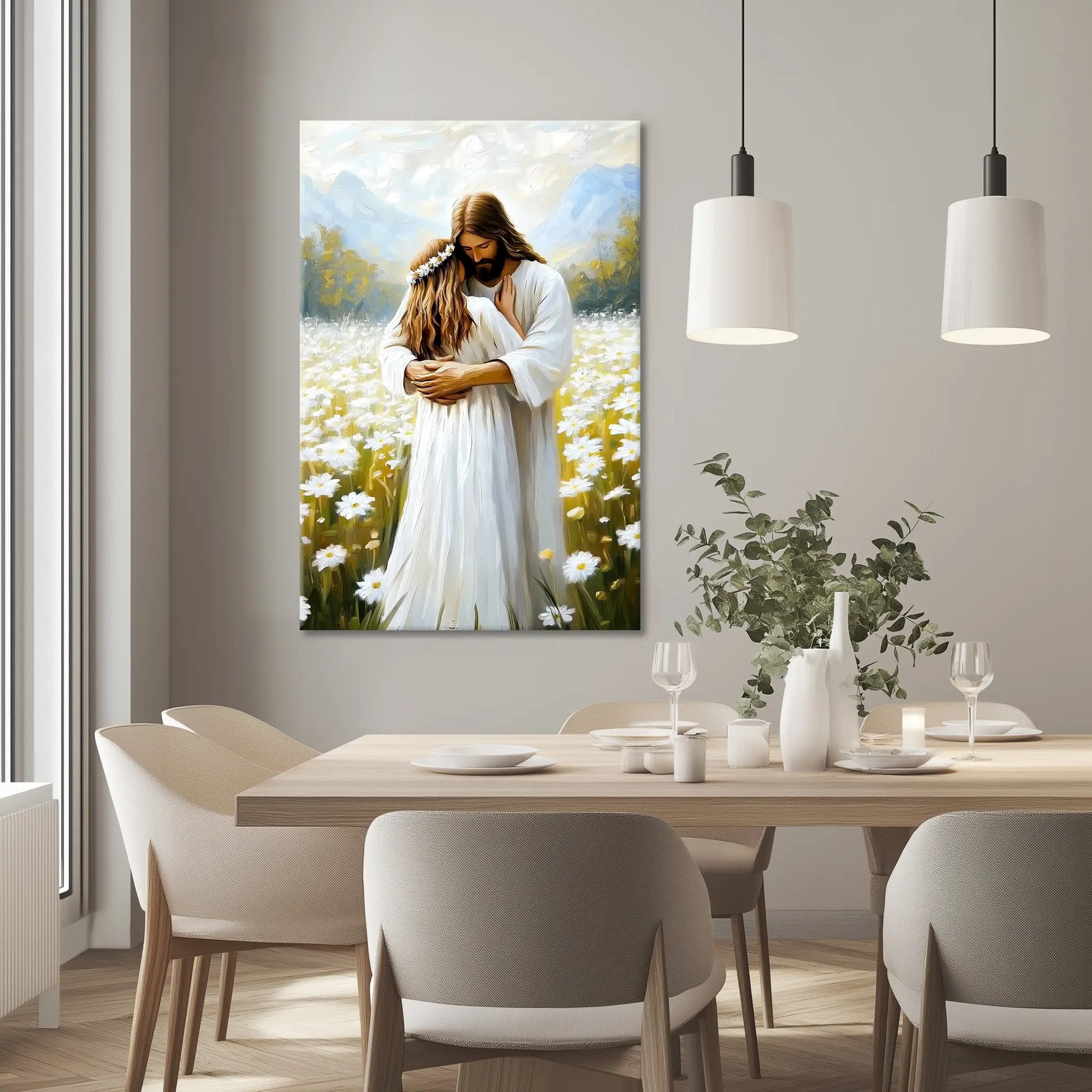 Large Christian wall art of Jesus hugging woman, framed religious decor, inspirational canvas.