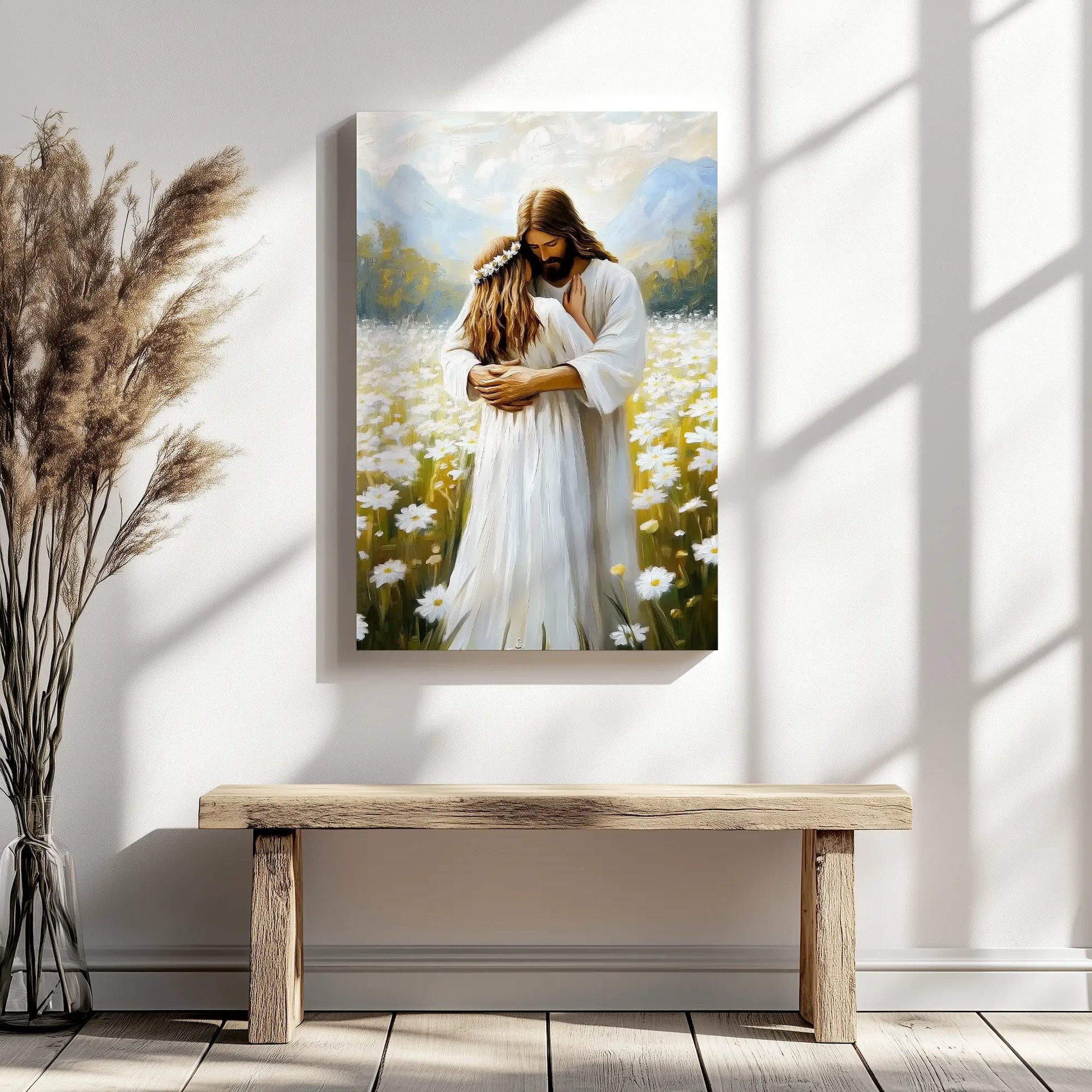 Jesus comforting a woman framed painting, Christian faith wall art, spiritual home decor.