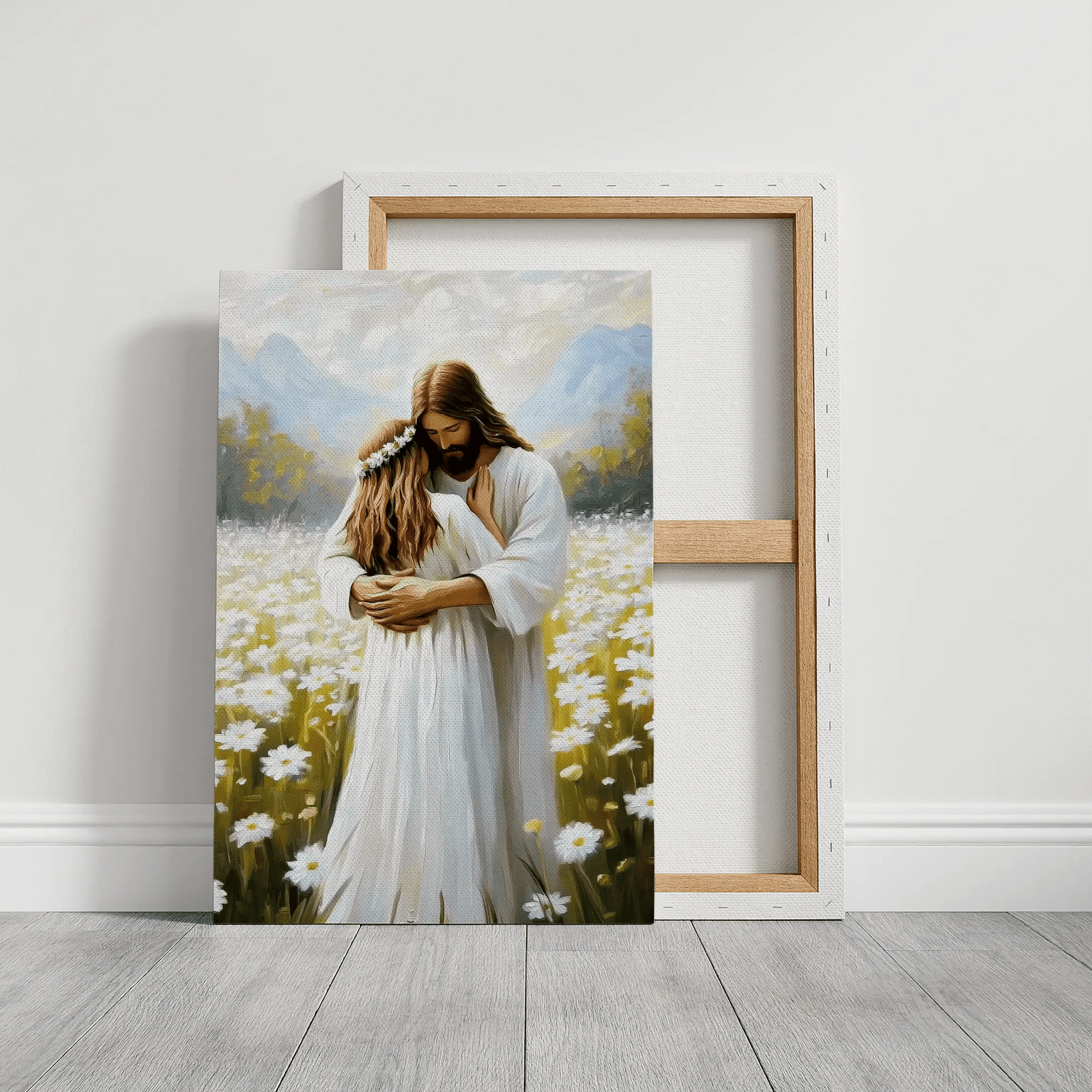 Christian canvas print of Jesus hugging woman, framed inspirational religious artwork.