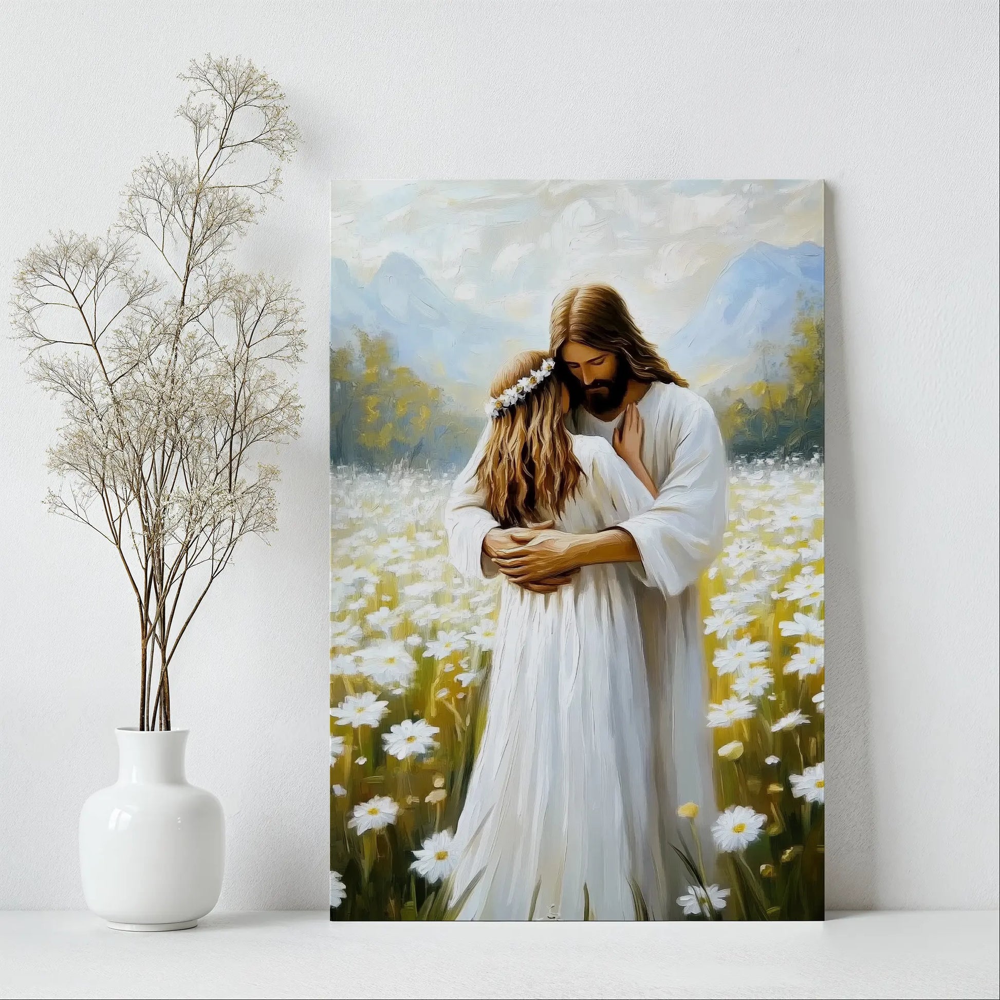 Jesus hugging woman faith-inspired painting, framed religious home decor, Christian artwork.