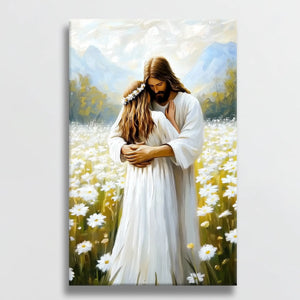 Inspirational Jesus hugging woman painting, Christian wall art framed, spiritual artwork.