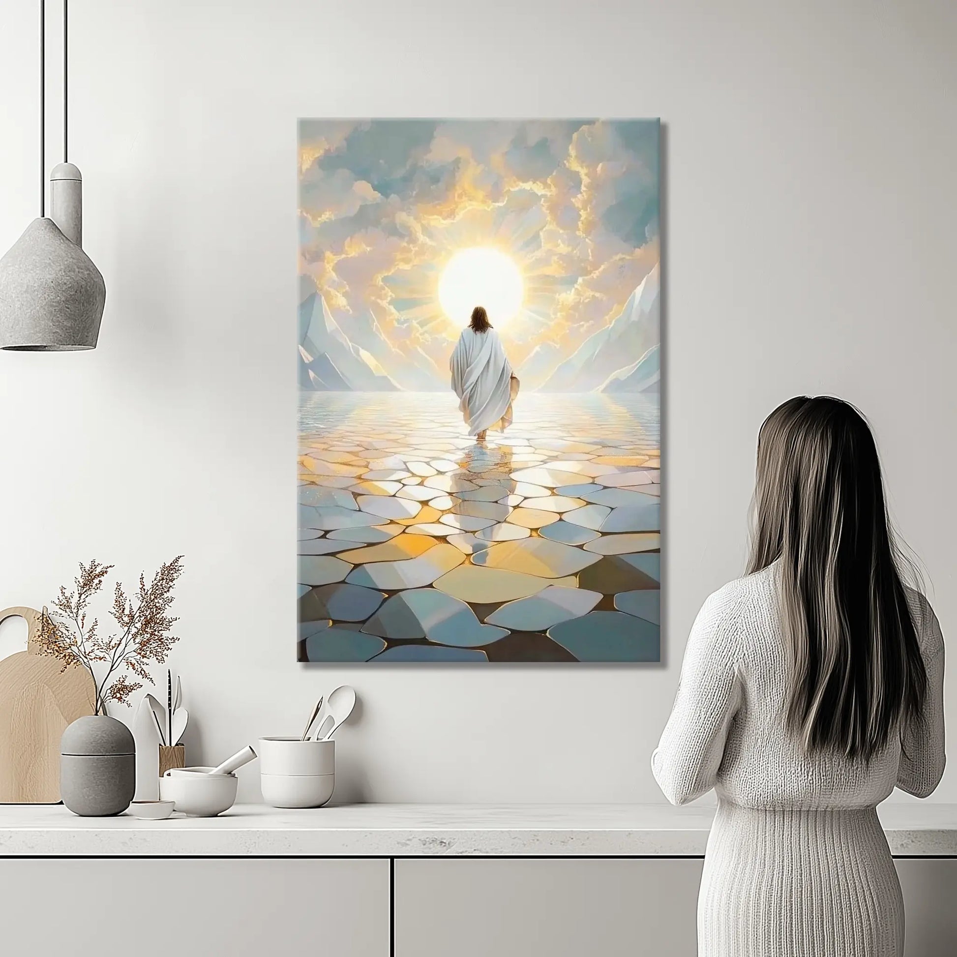 canvas painting jesus walking on water, framed religious wall art, contemporary christian art