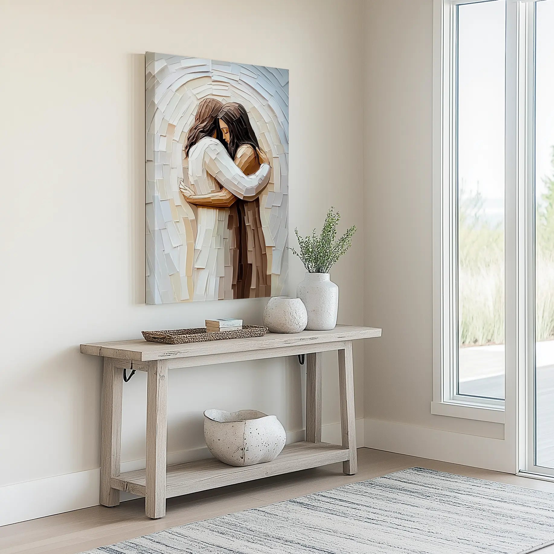 Jesus embracing woman spiritual artwork, framed Christian decor, inspirational home wall art.