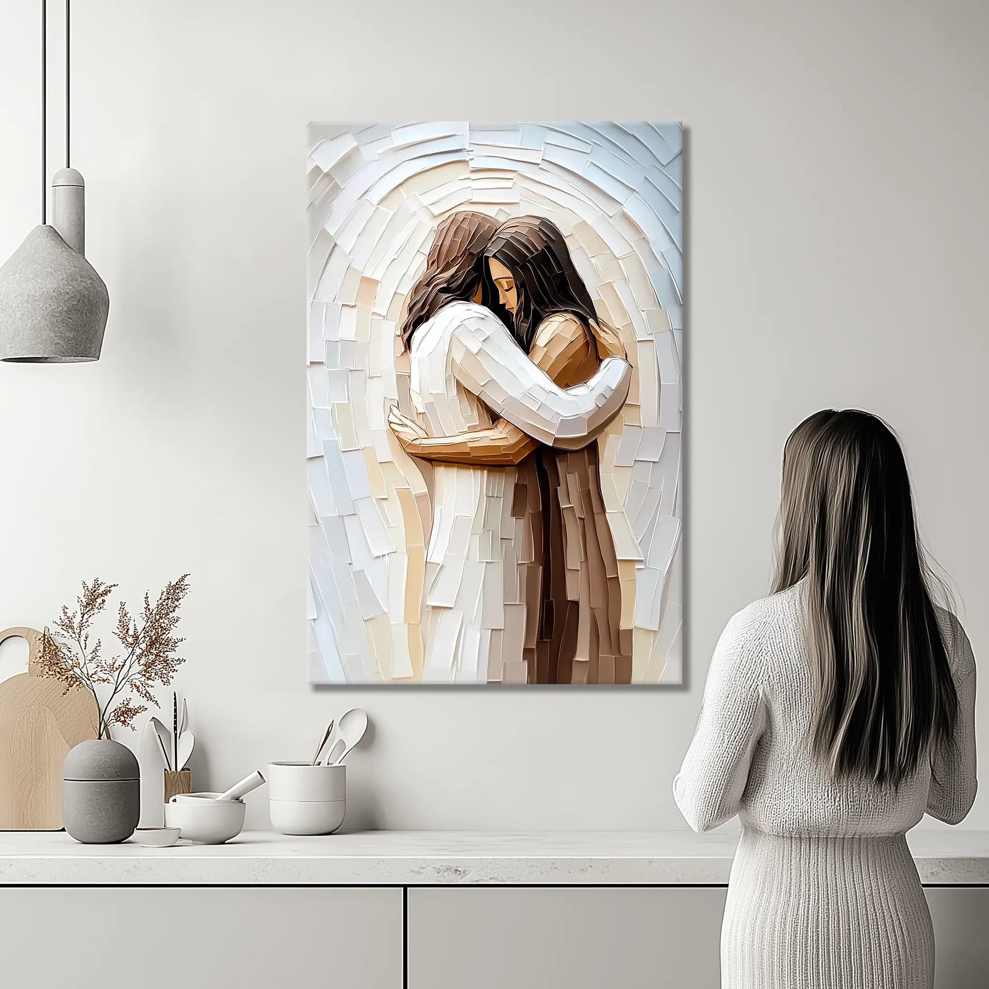 Religious framed painting of Jesus hugging woman, Christian faith canvas, contemporary artwork.