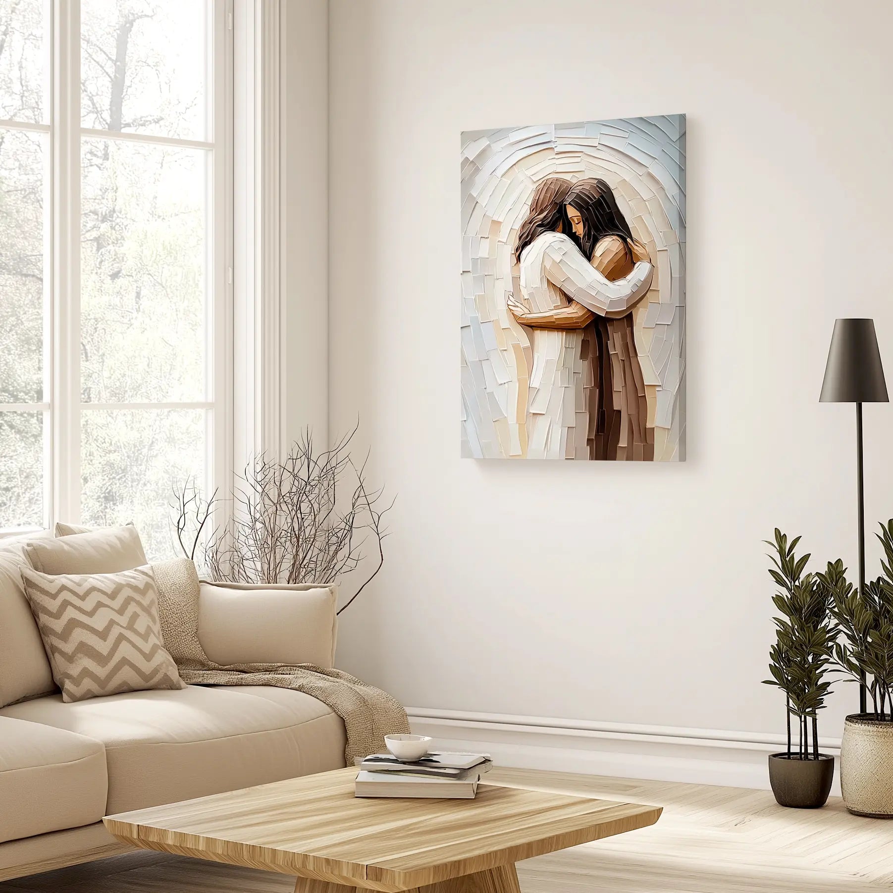 Christian wall decor of Jesus hugging woman, framed religious artwork, inspirational print.