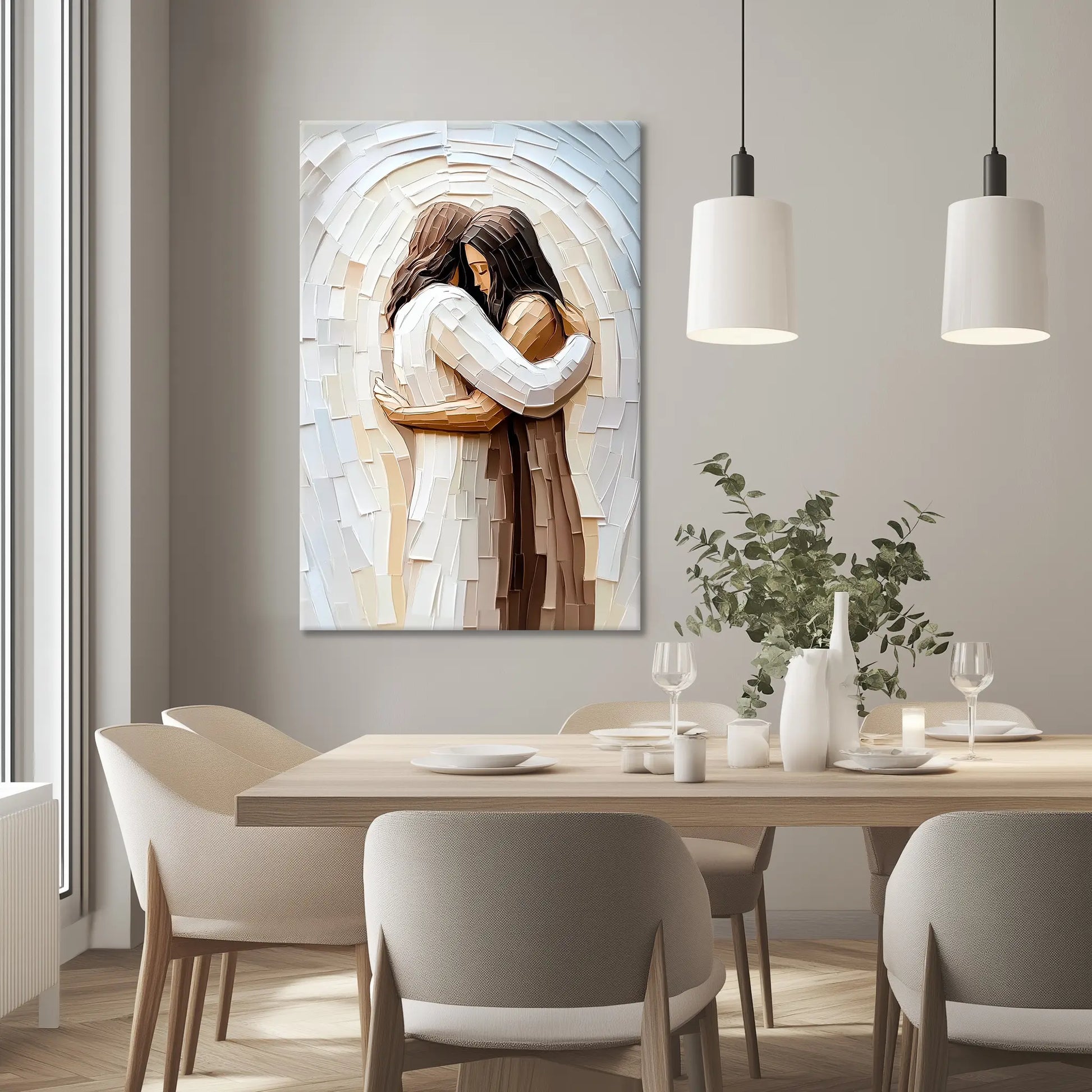 Large Christian canvas of Jesus embracing woman, framed religious home decor, faith print.