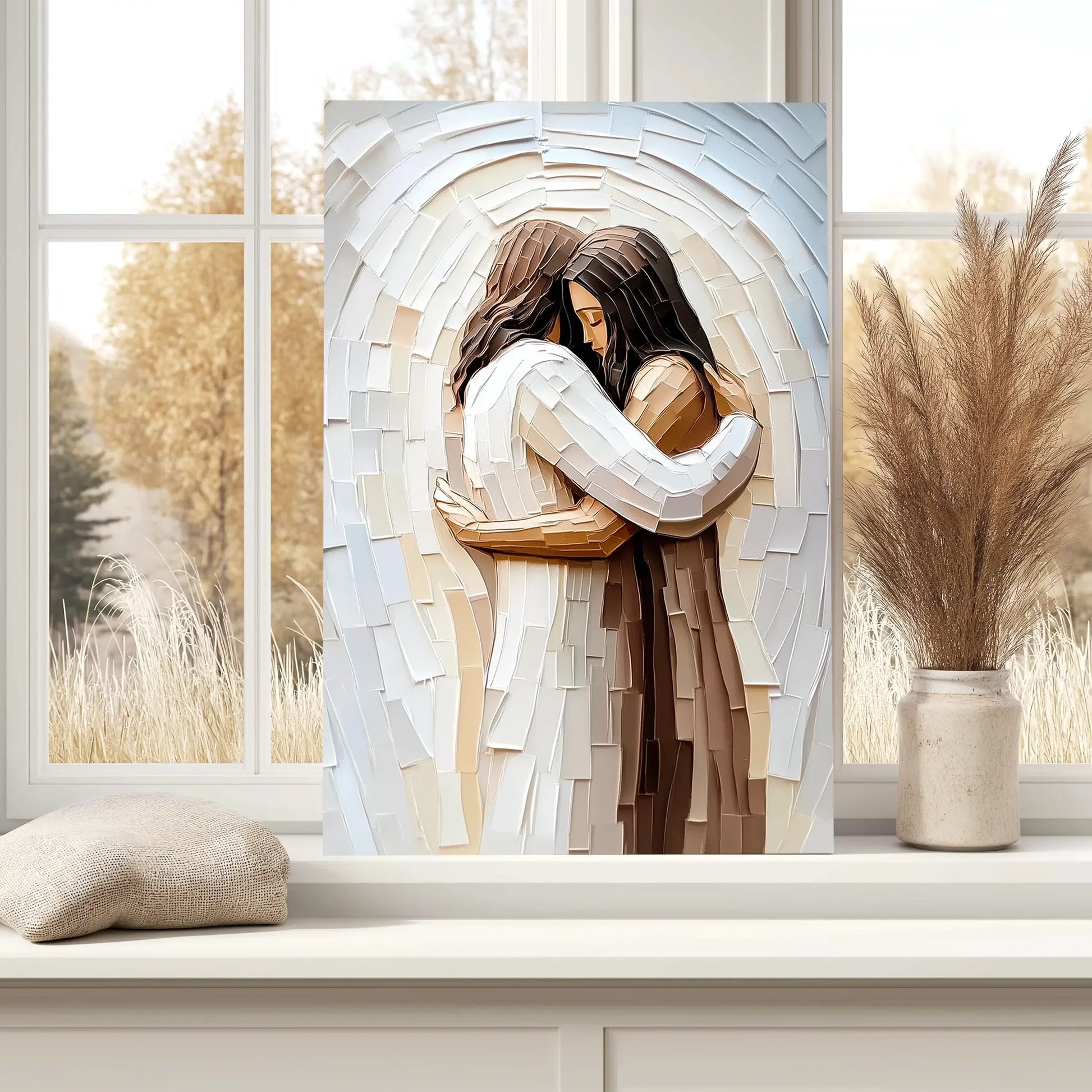 Jesus hugging woman Christian faith painting, framed religious artwork, spiritual wall decor.