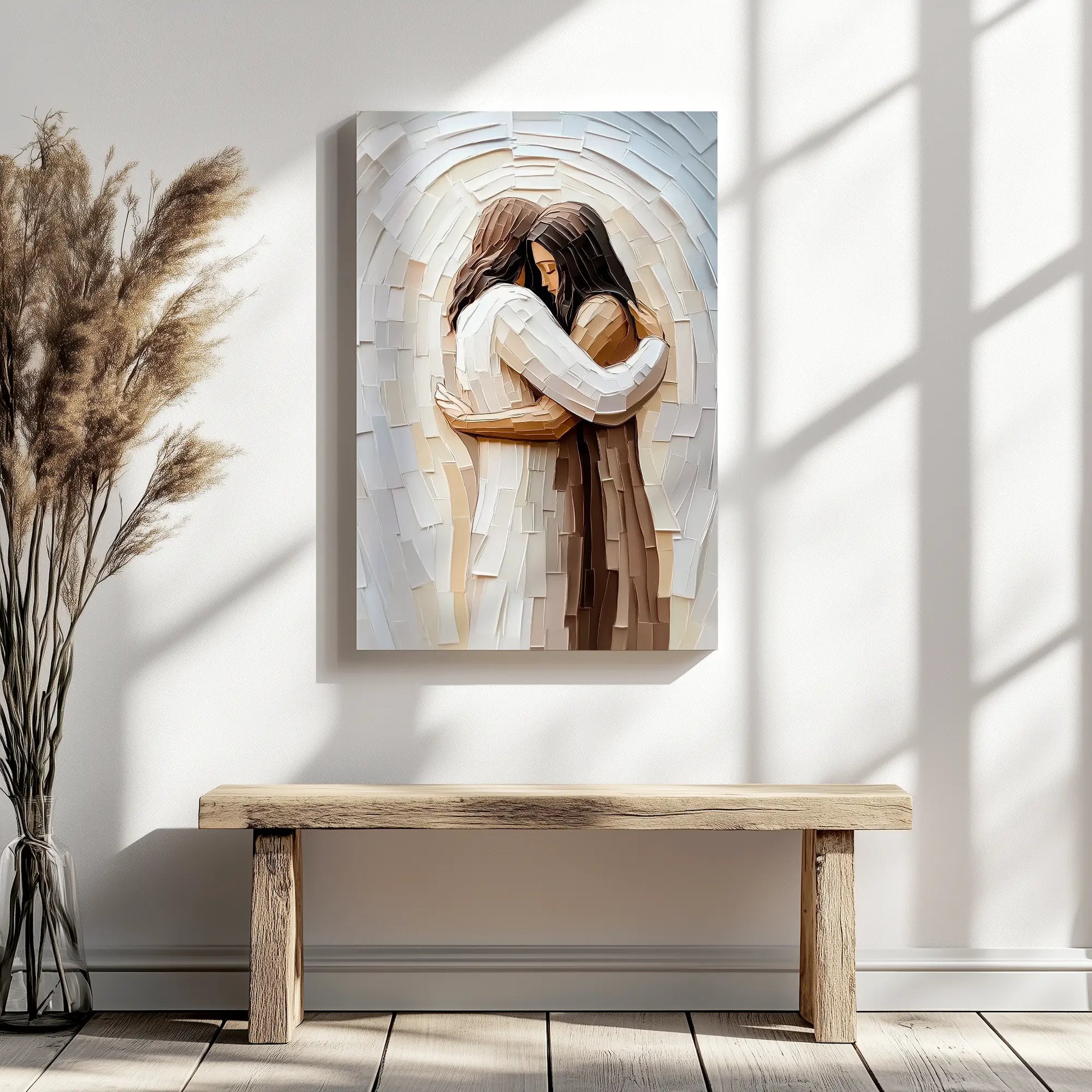 Jesus comforting a woman framed painting, Christian inspirational artwork, faith-based print.