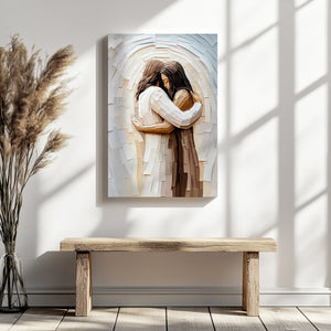 Jesus comforting a woman framed painting, Christian inspirational artwork, faith-based print.