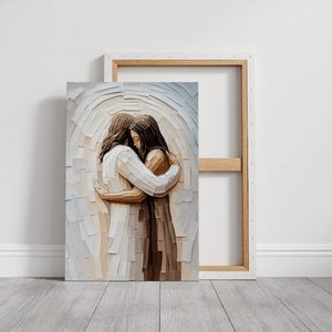 Religious wall art of Jesus hugging woman, framed Christian artwork, contemporary faith print.