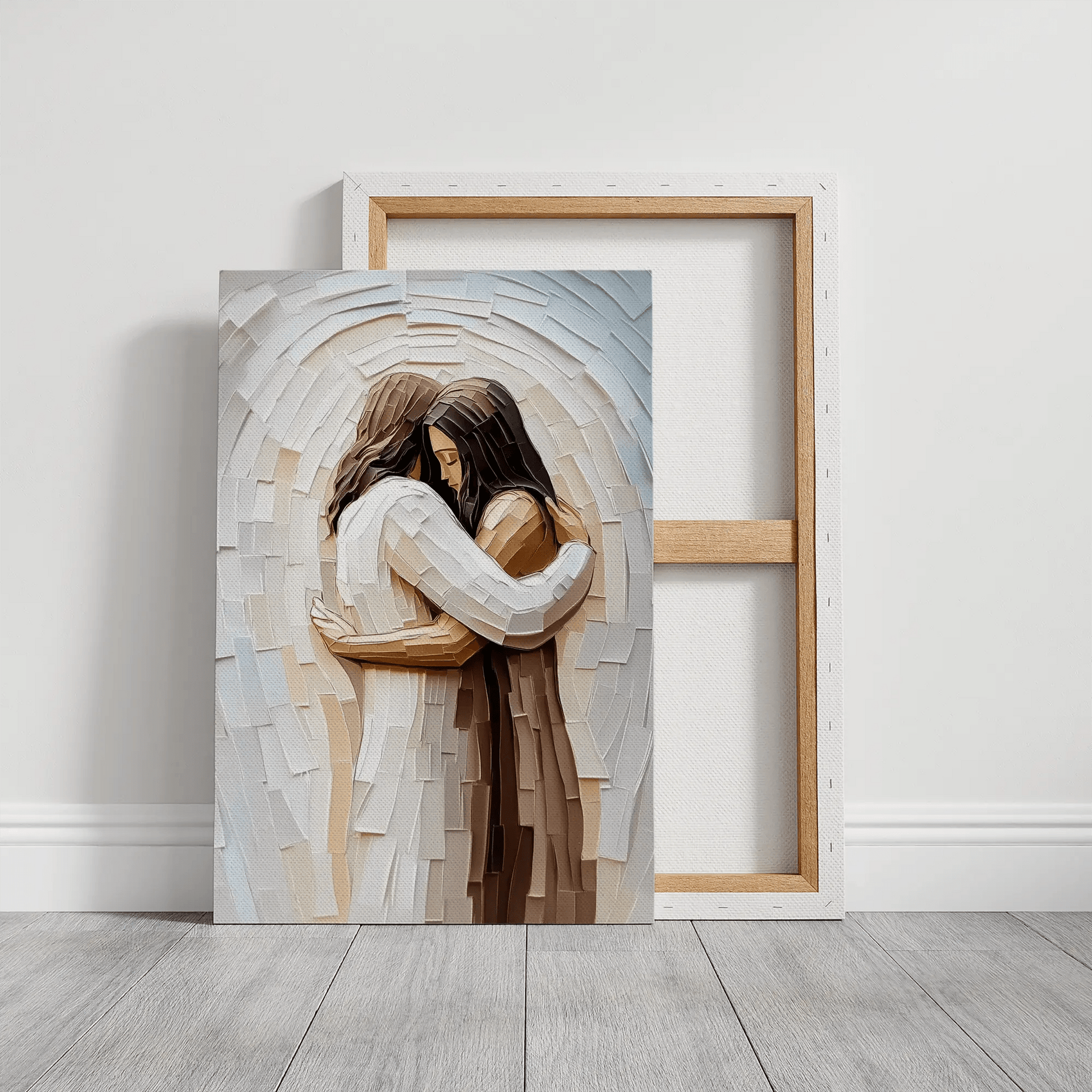 Religious wall art of Jesus hugging woman, framed Christian artwork, contemporary faith print.