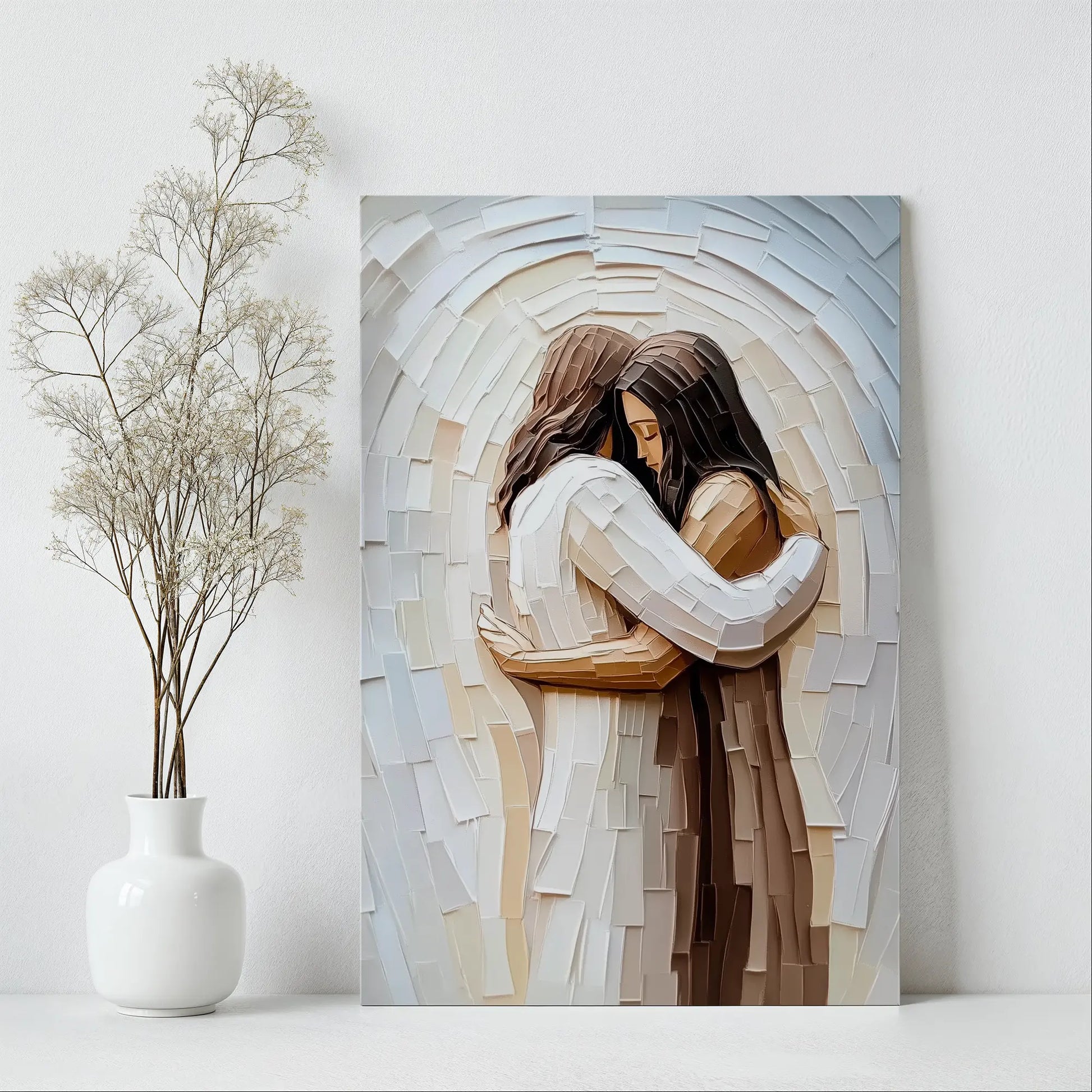 Christian framed picture of Jesus embracing woman, religious home decor, spiritual canvas.
