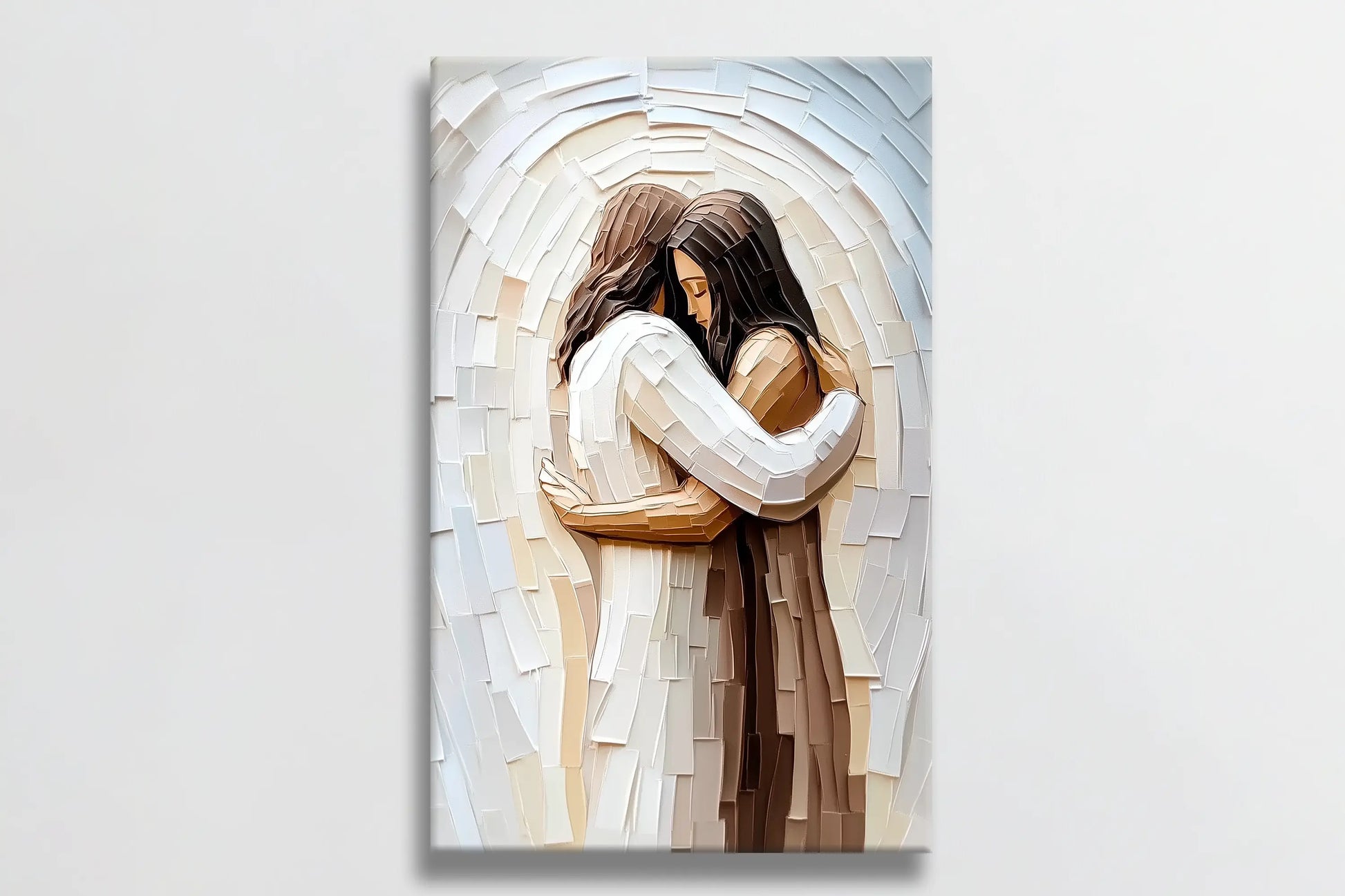 Jesus hugging woman modern Christian wall art, faith-based painting, framed religious print.