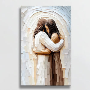 Jesus hugging woman modern Christian wall art, faith-based painting, framed religious print.
