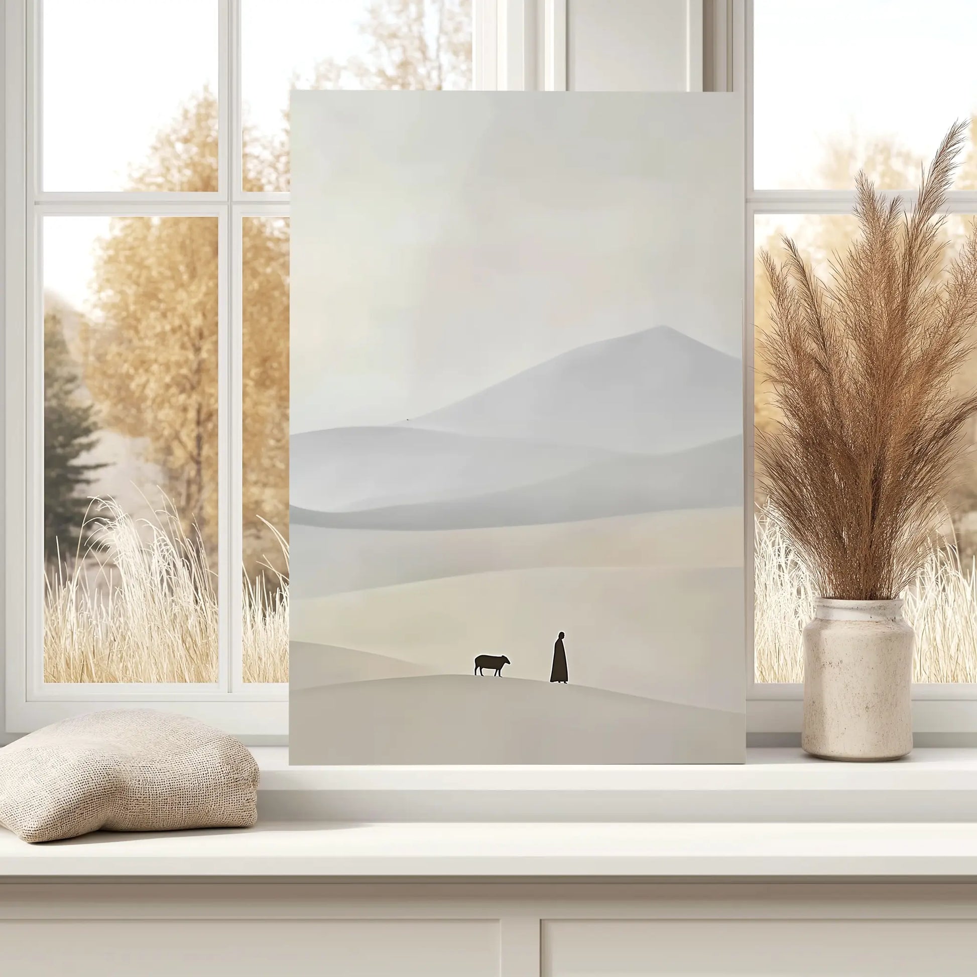 Christian framed artwork of Jesus rescuing lamb, religious canvas wall art, faith decor.