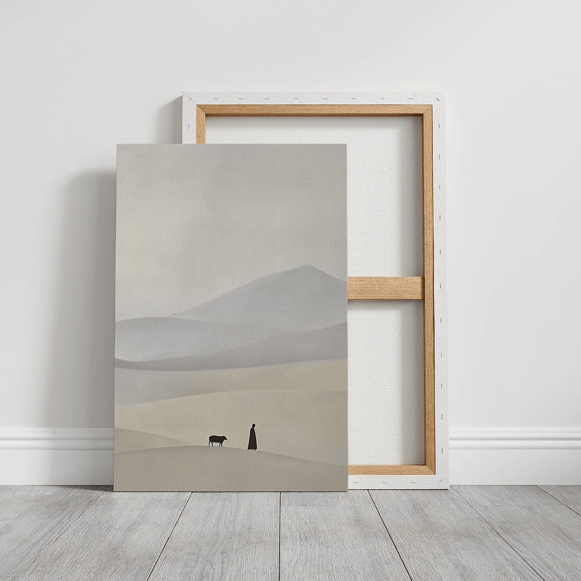 Jesus leaves the 99 canvas painting, contemporary Christian wall art, framed religious piece.