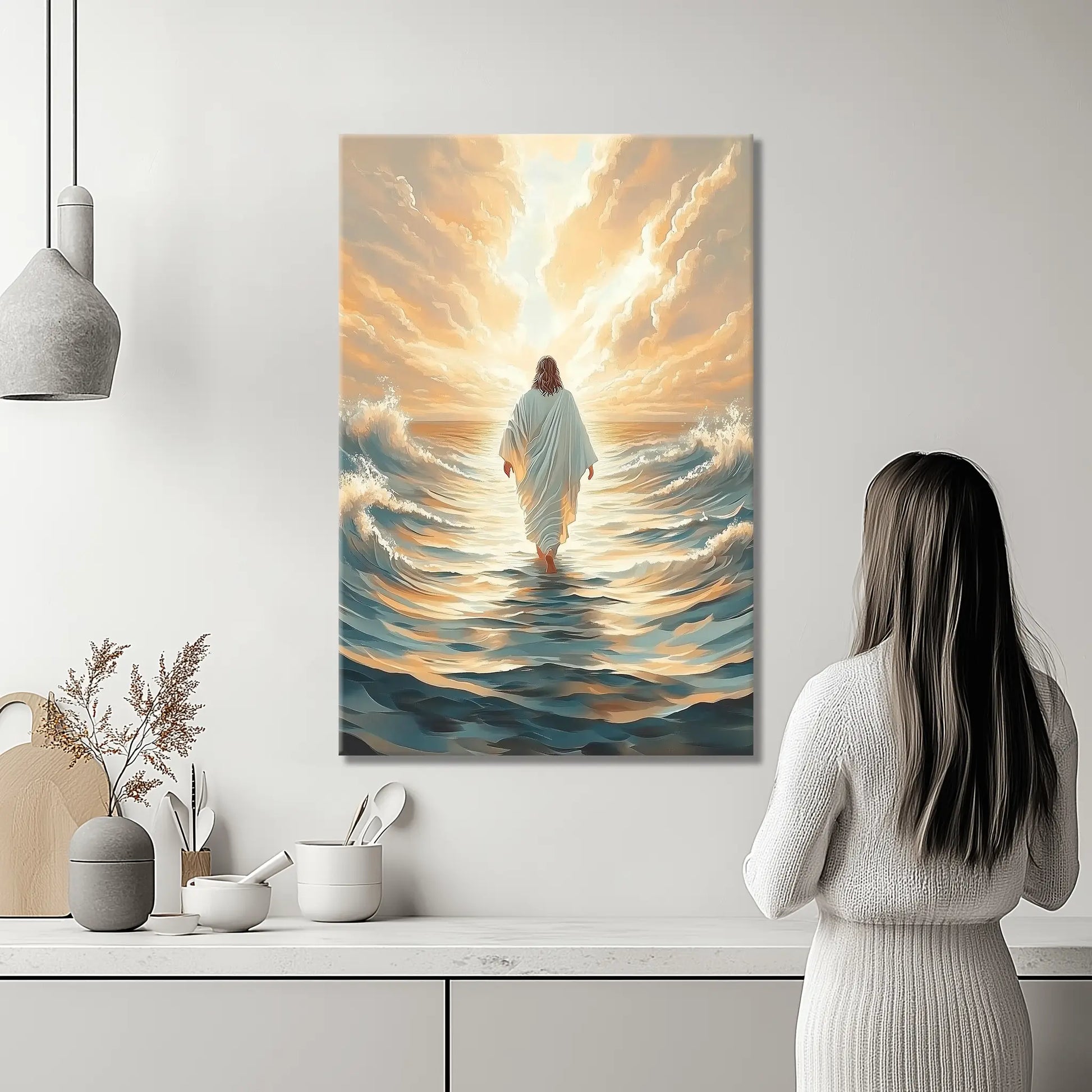 painting jesus walking on water, framed christian artwork, religious framed wall art