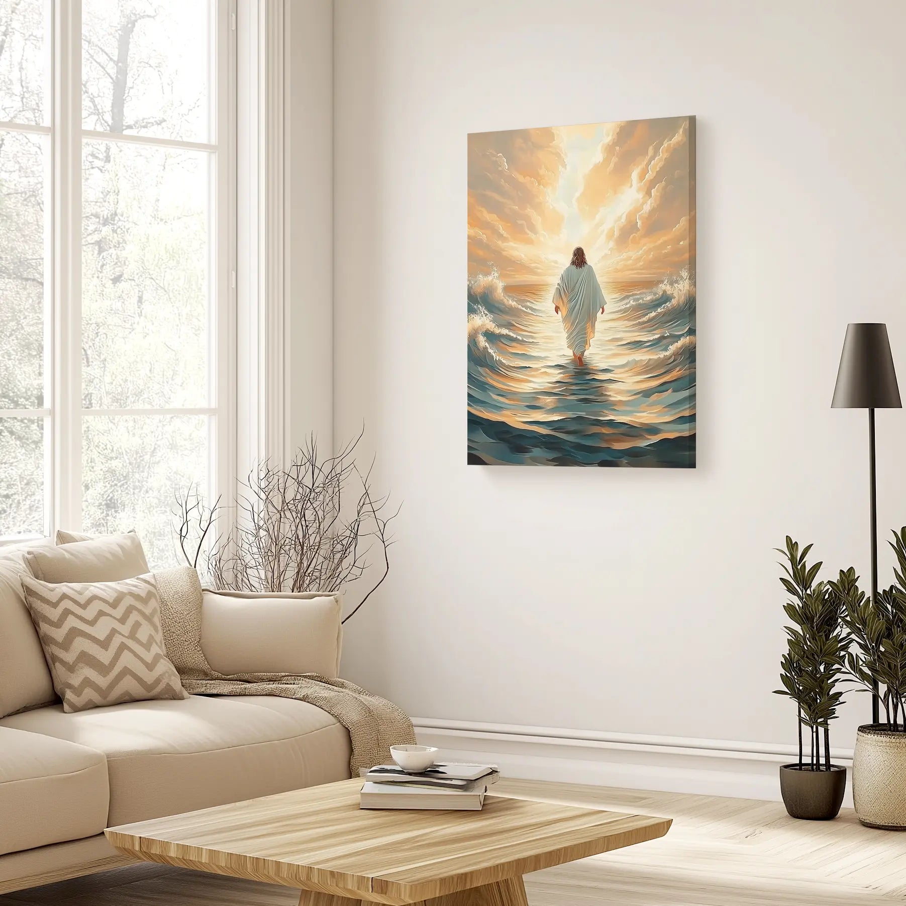 jesus walking on the water canvas print, christian home decor, large christian artwork
