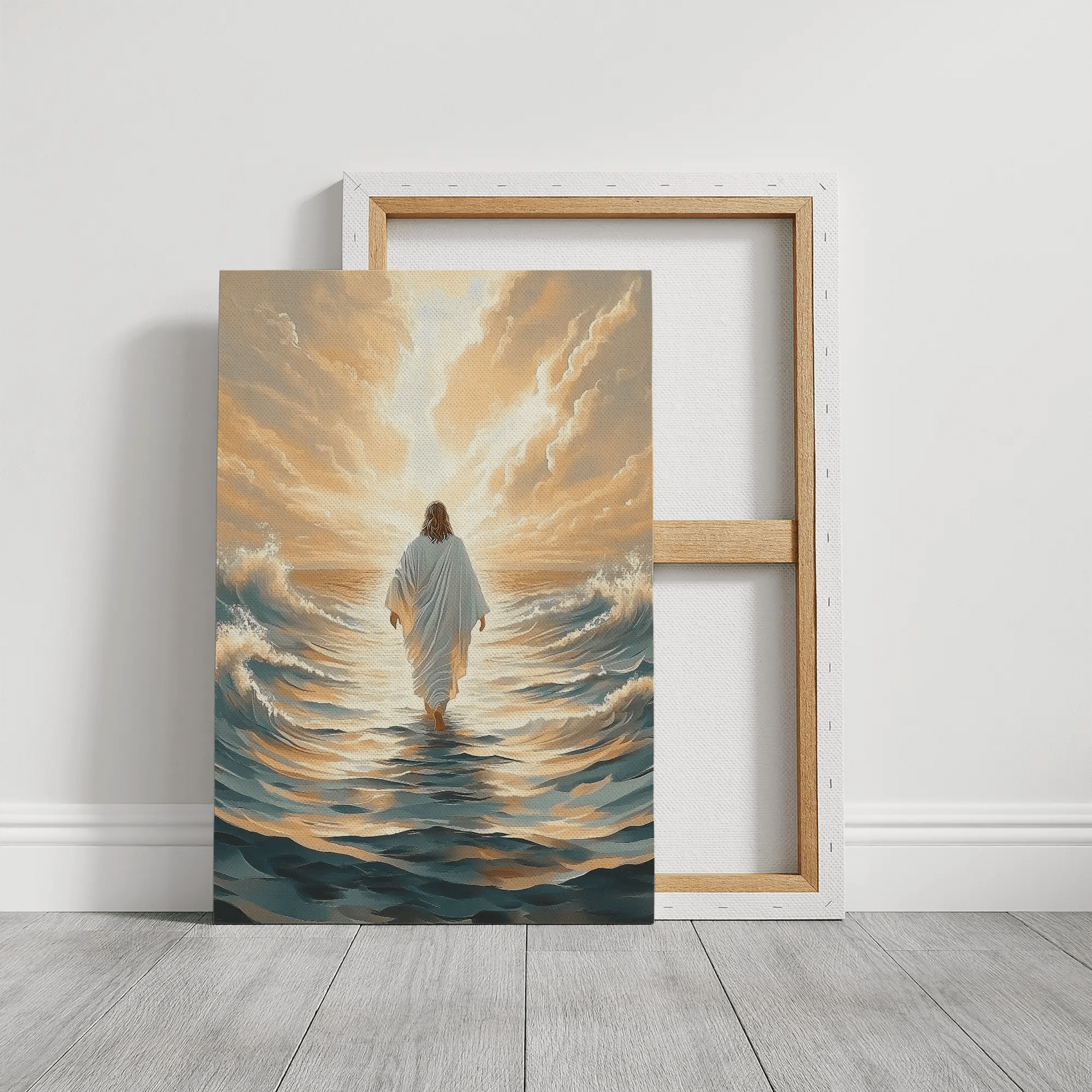 modern christian wall art, jesus walking on water canvas, framed christian artwork