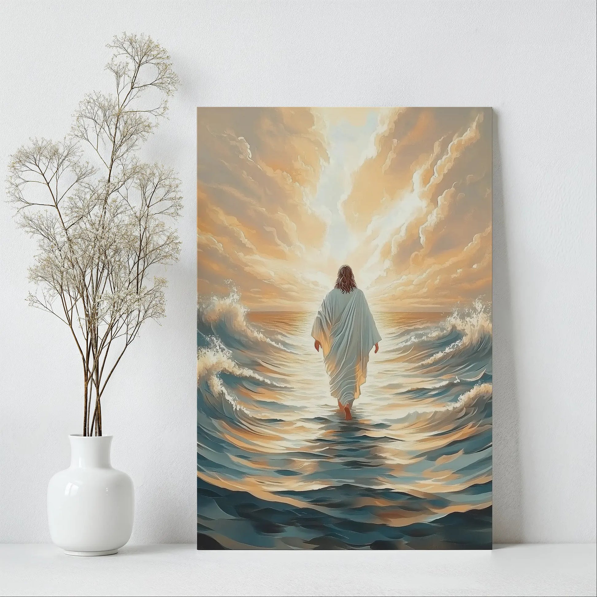 painting of jesus walking on the sea, religious artwork prints, framed religious wall art