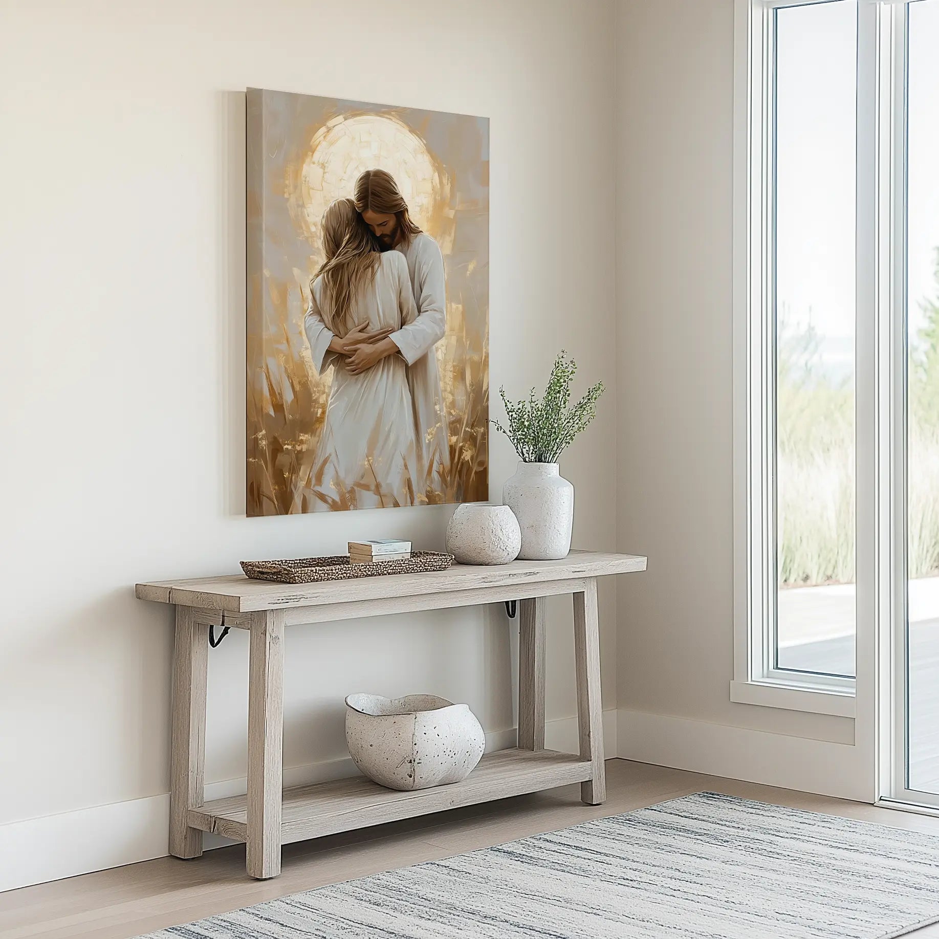Inspirational Jesus hugging woman framed painting, Christian wall art, religious decor.