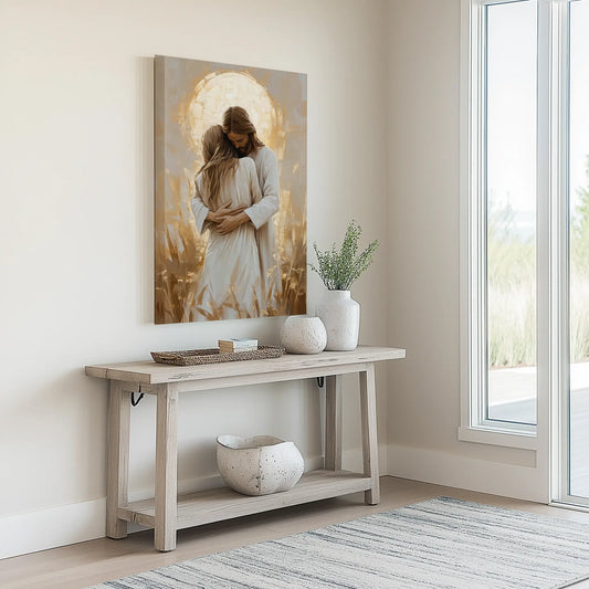 Inspirational Jesus hugging woman framed painting, Christian wall art, religious decor.