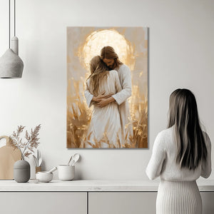 Jesus comforting a woman artwork, framed Christian home decor, faith wall hanging.