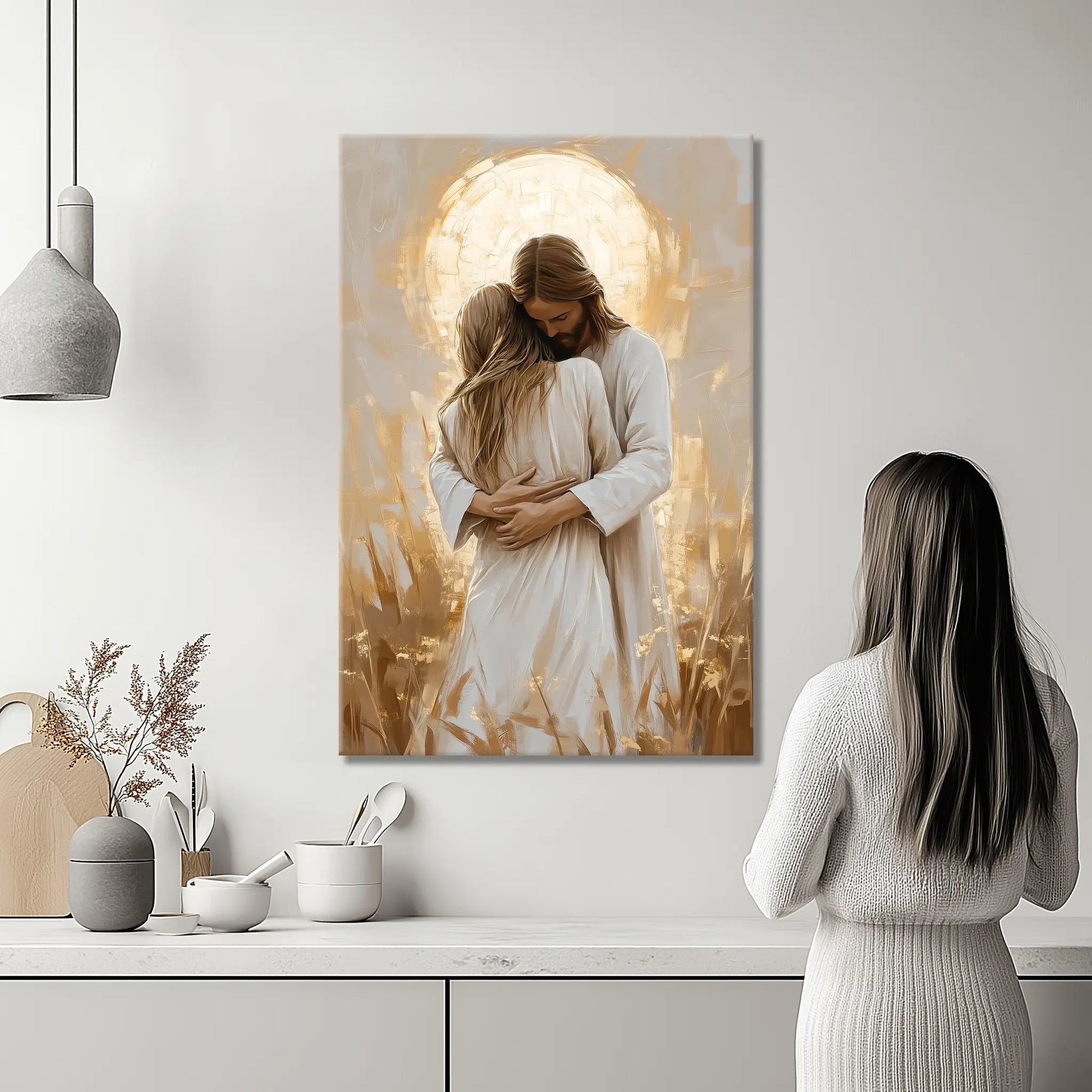 Jesus comforting a woman artwork, framed Christian home decor, faith wall hanging.