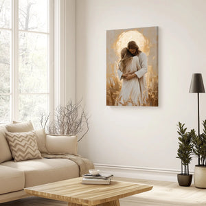 Religious framed painting of Jesus hugging woman, spiritual Christian canvas print, faith artwork.